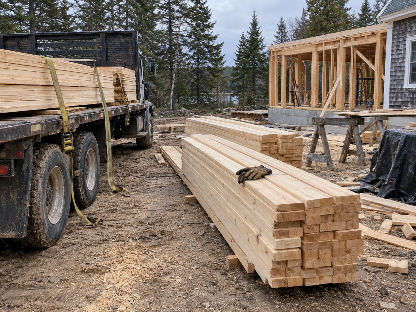 A flatbed truck with lumber half unloaded and work gloves resting on the stack at a small job site