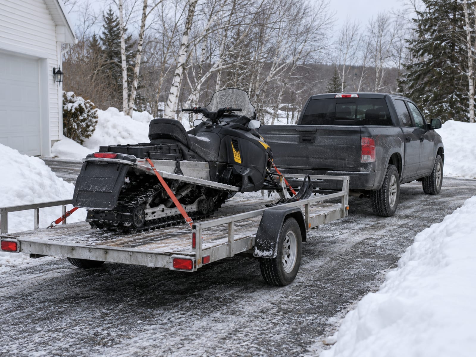 A snowmobile on a trailer hitched to a pickup truck in a snowy parking area at a trailhead