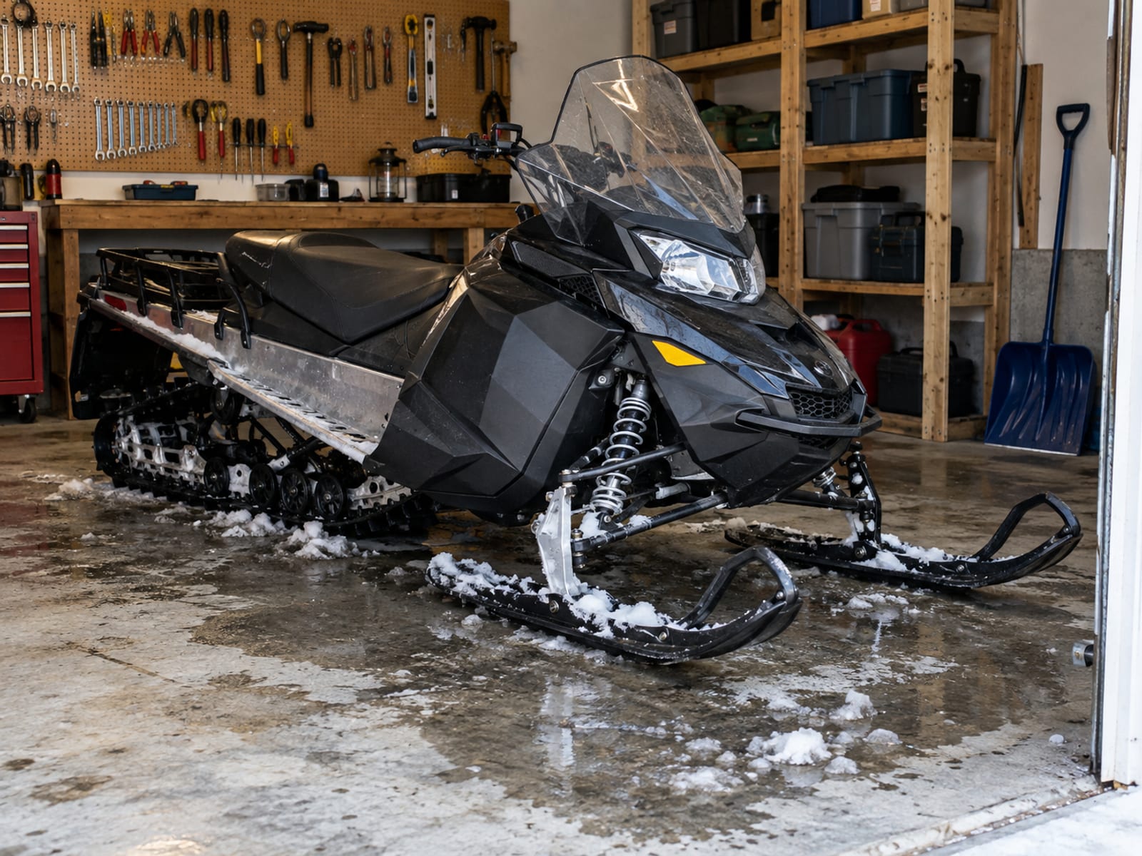A snowmobile parked inside a home garage beside a snow shovel and a workbench