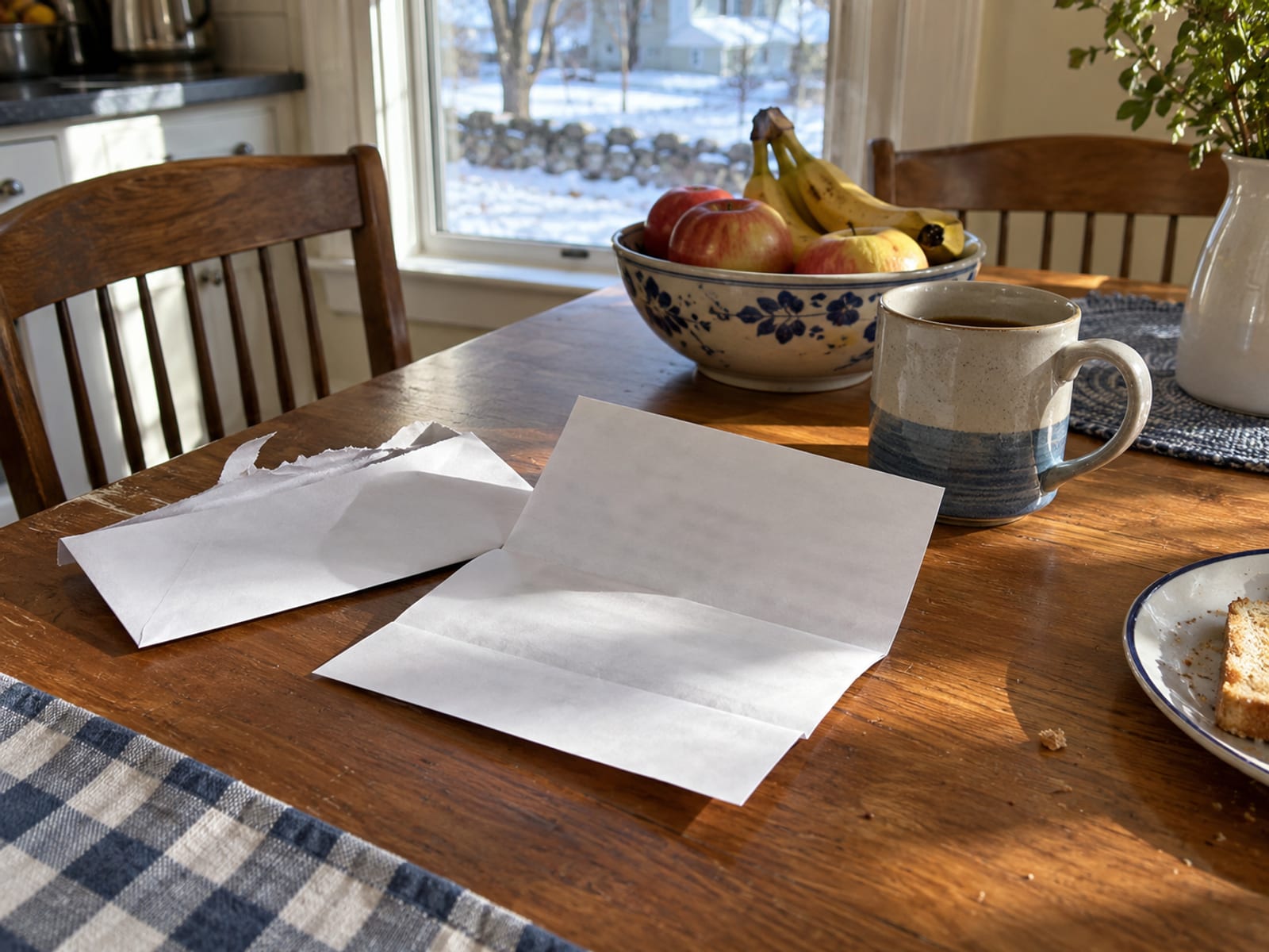 An opened envelope and a folded letter with blurred lines resting on a kitchen table next to a coffee mug