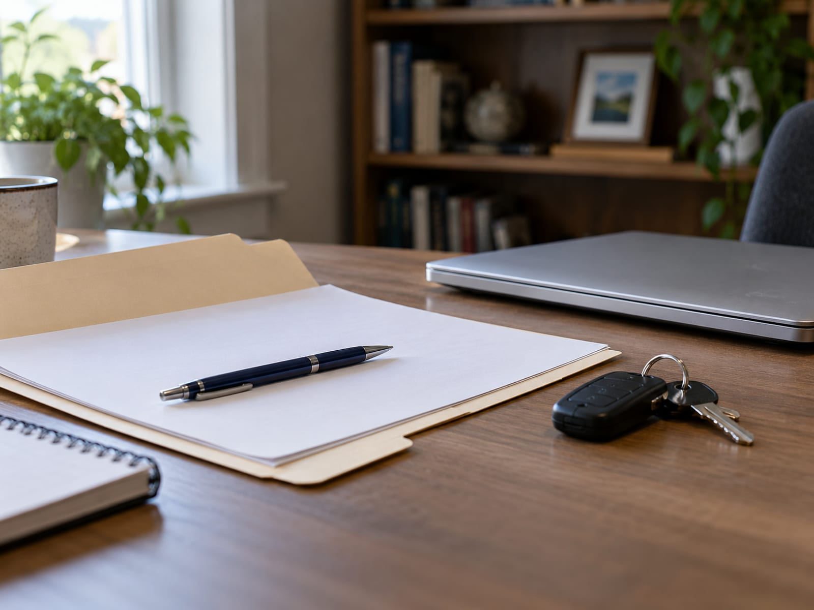 A closed folder, a pen and a set of car keys on a desk beside a laptop with a dark screen
