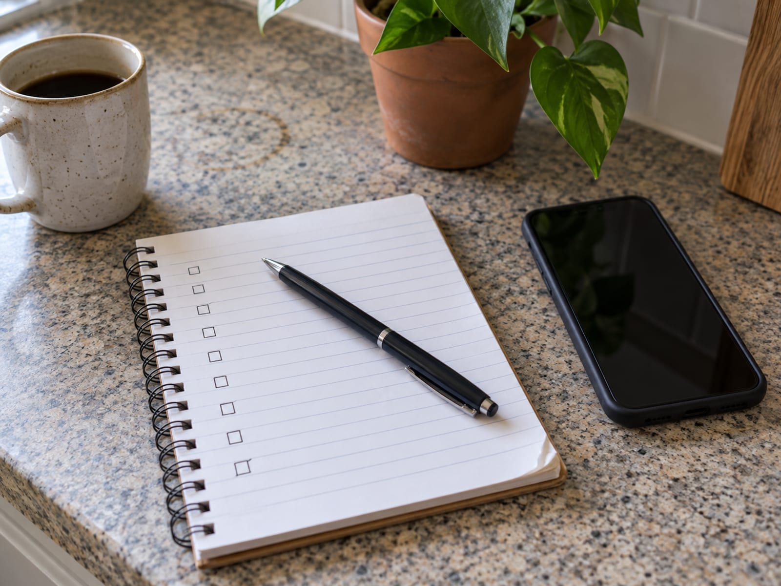 A phone and a pen on a notepad with a short checklist of blank lines