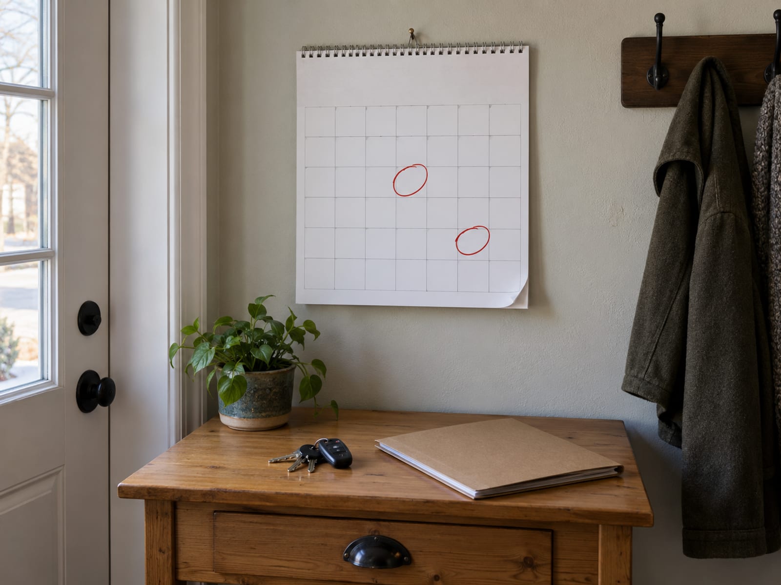 A wall calendar with two dates circled beside a desk with car keys and an insurance folder