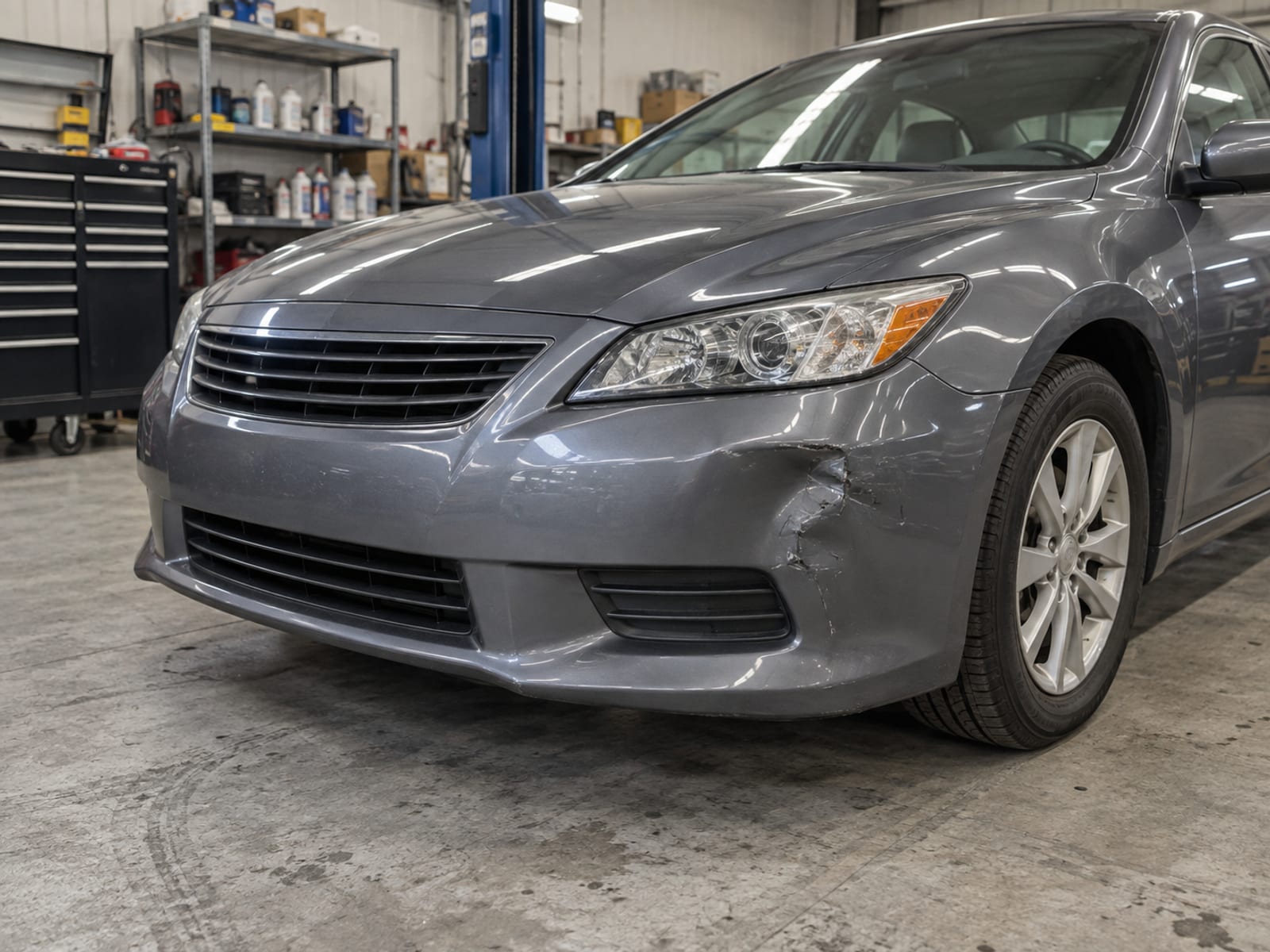 A car with a dented front bumper in a repair shop bay