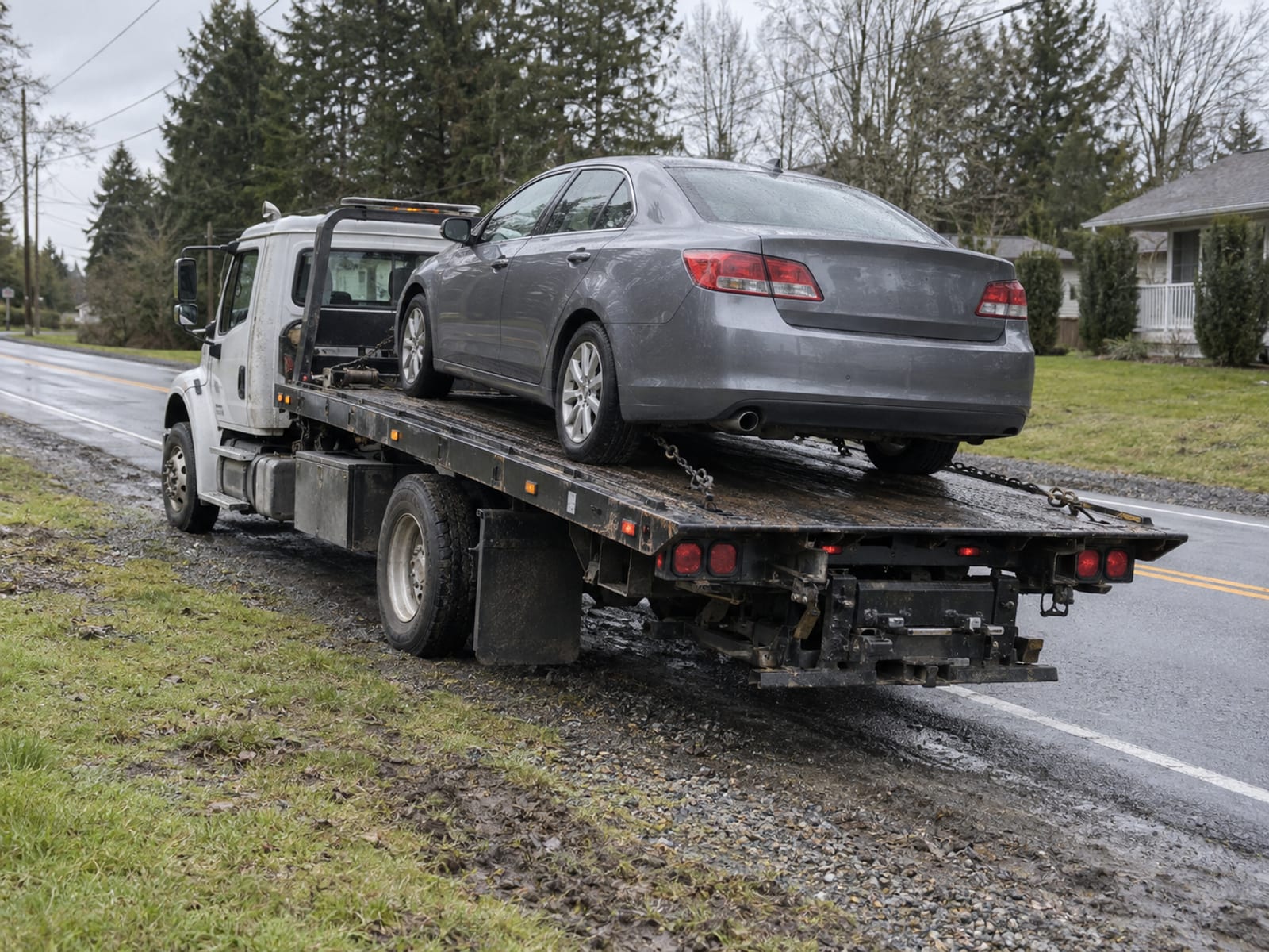 A tow truck loading a sedan on a suburban road shoulder