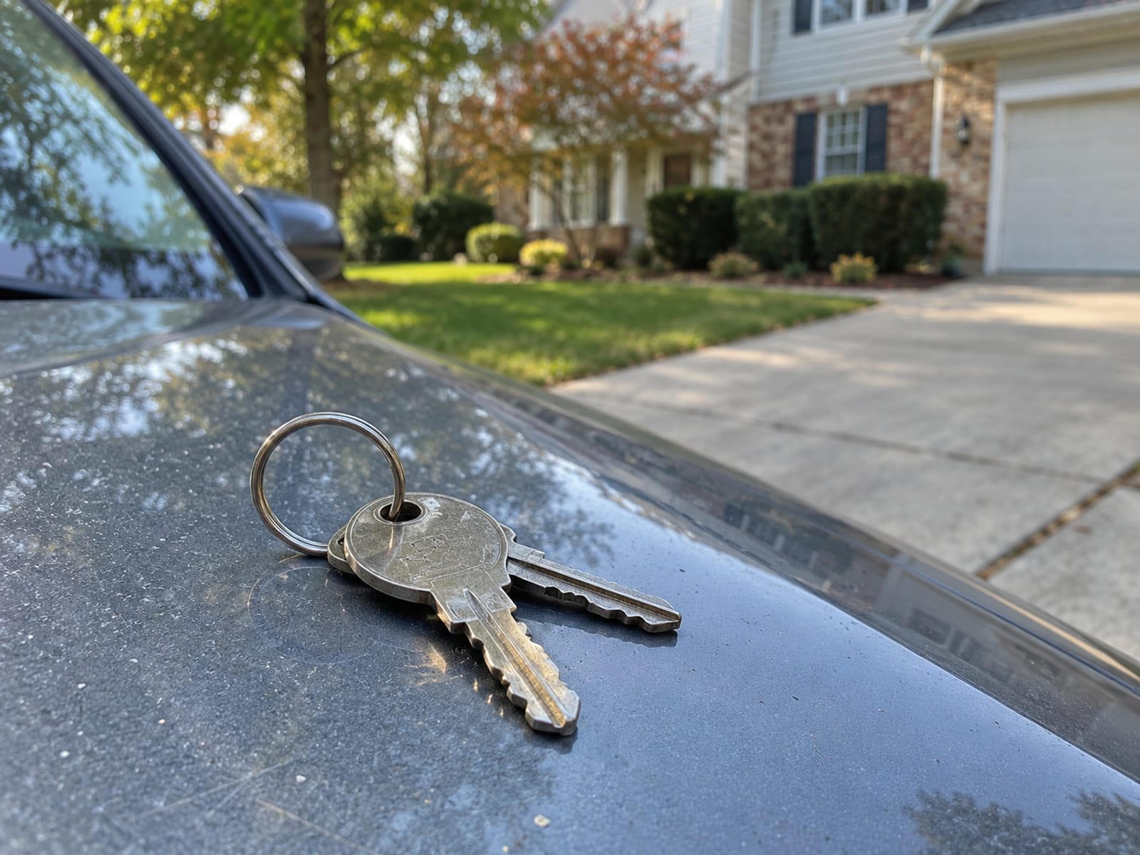 A set of car keys on a plain key ring resting on the hood of a parked car in a driveway