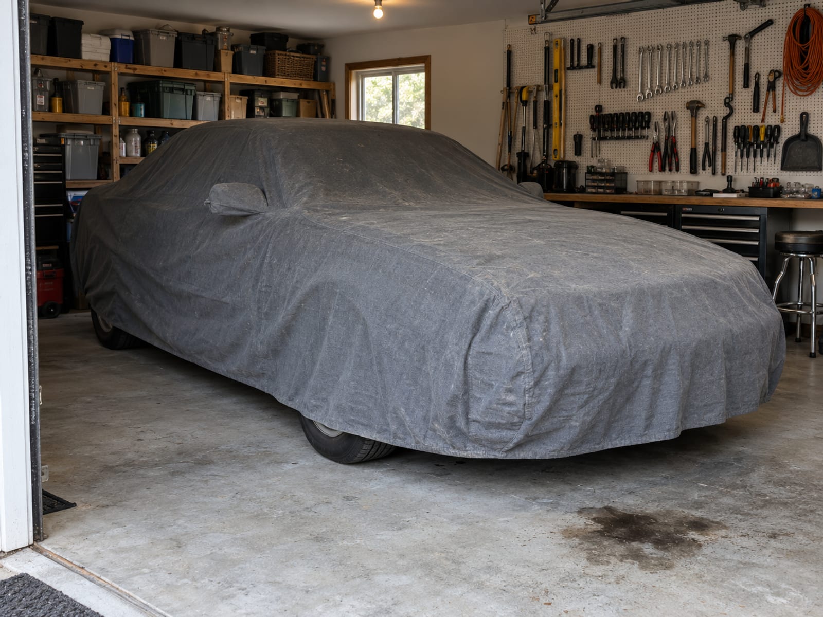 A car parked in a garage under a cloth cover for winter storage