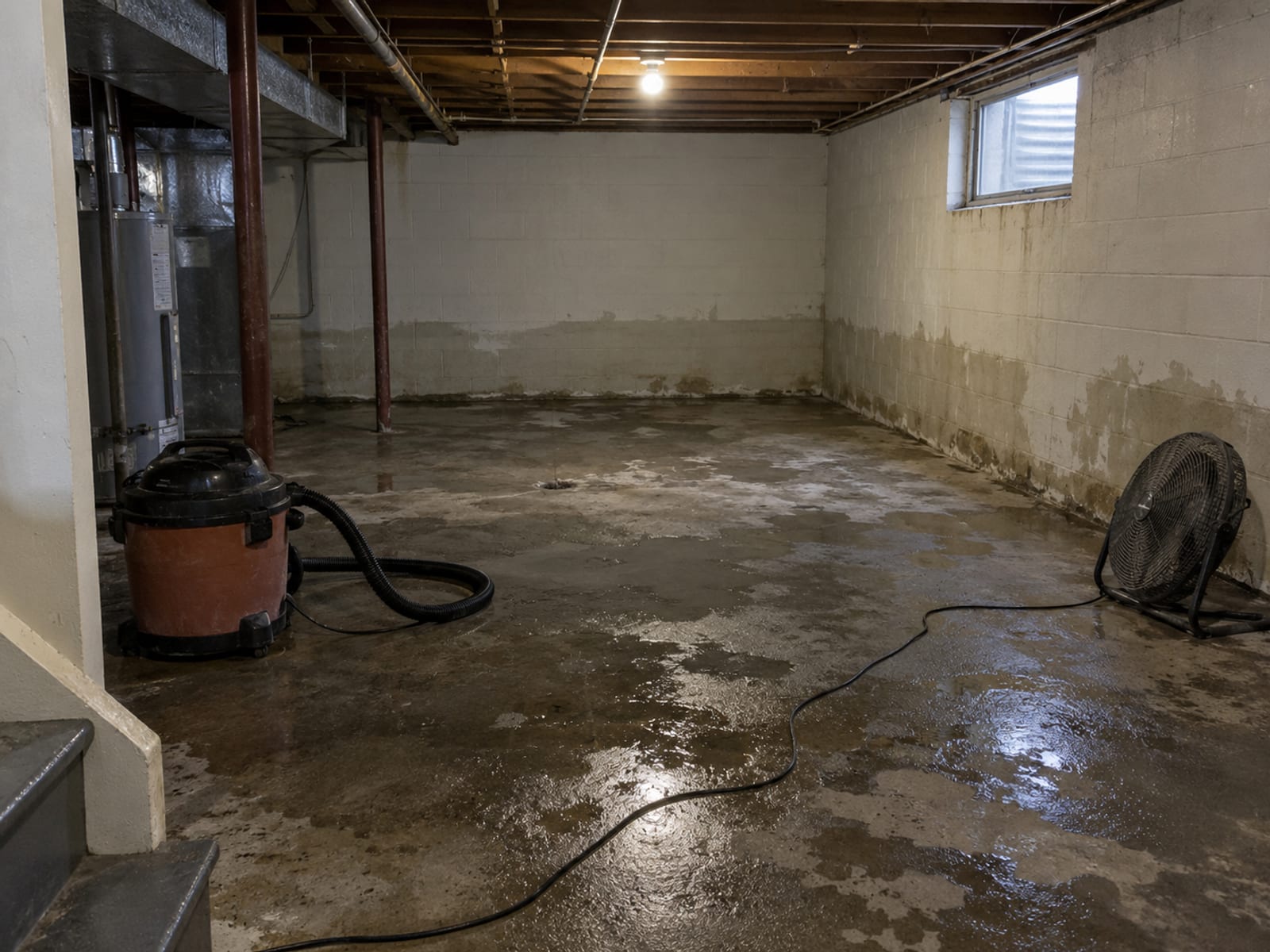 An emptied basement room with damp concrete floor, a wet-dry vacuum and a fan drying the walls
