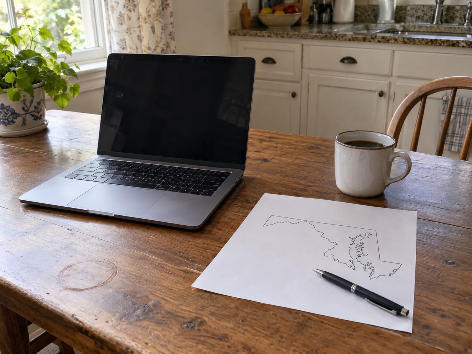 An open laptop on a kitchen table beside a blank paper map outline, a pen and a cup of coffee