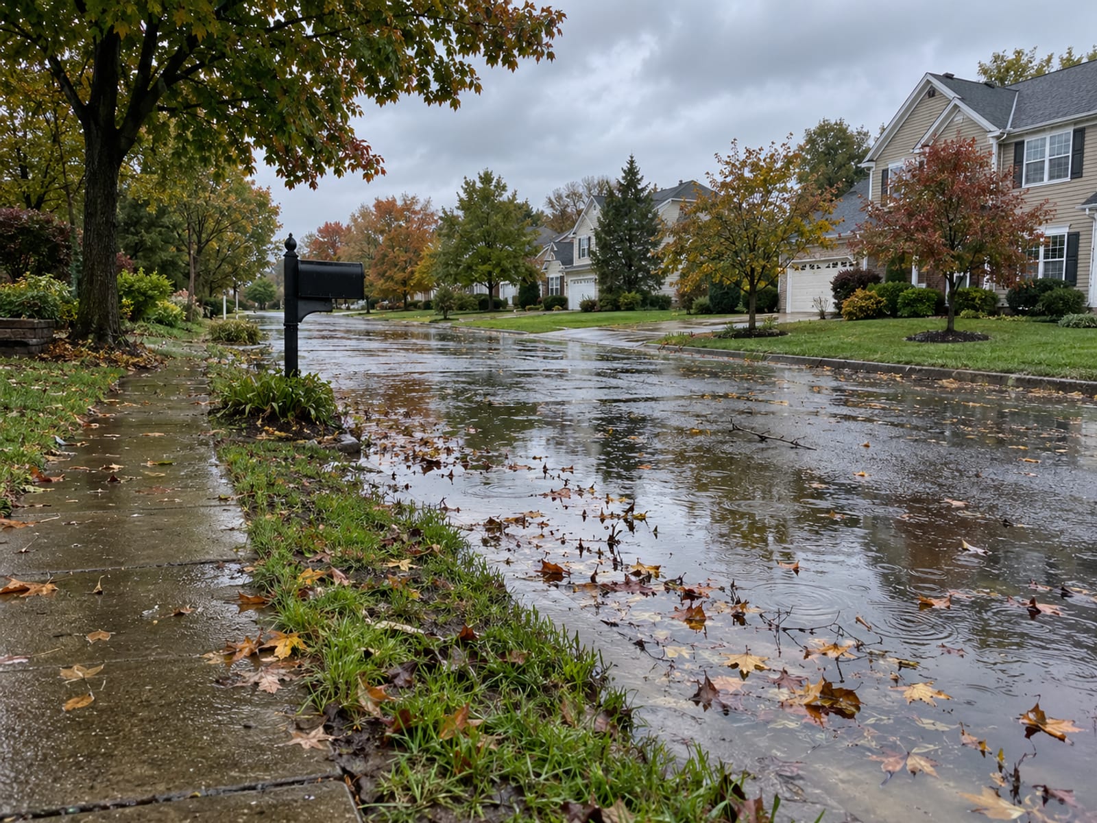 A suburban street of houses after heavy rain, with water pooled along the curb and lawns