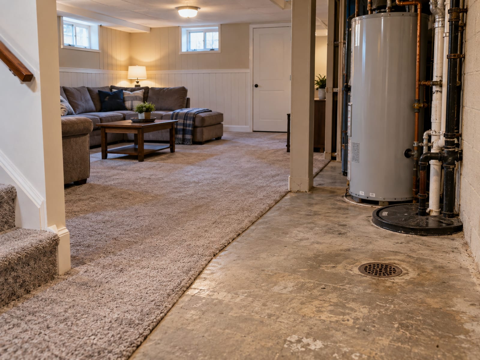 A finished basement family room with carpet, a sofa and a utility area with a floor drain