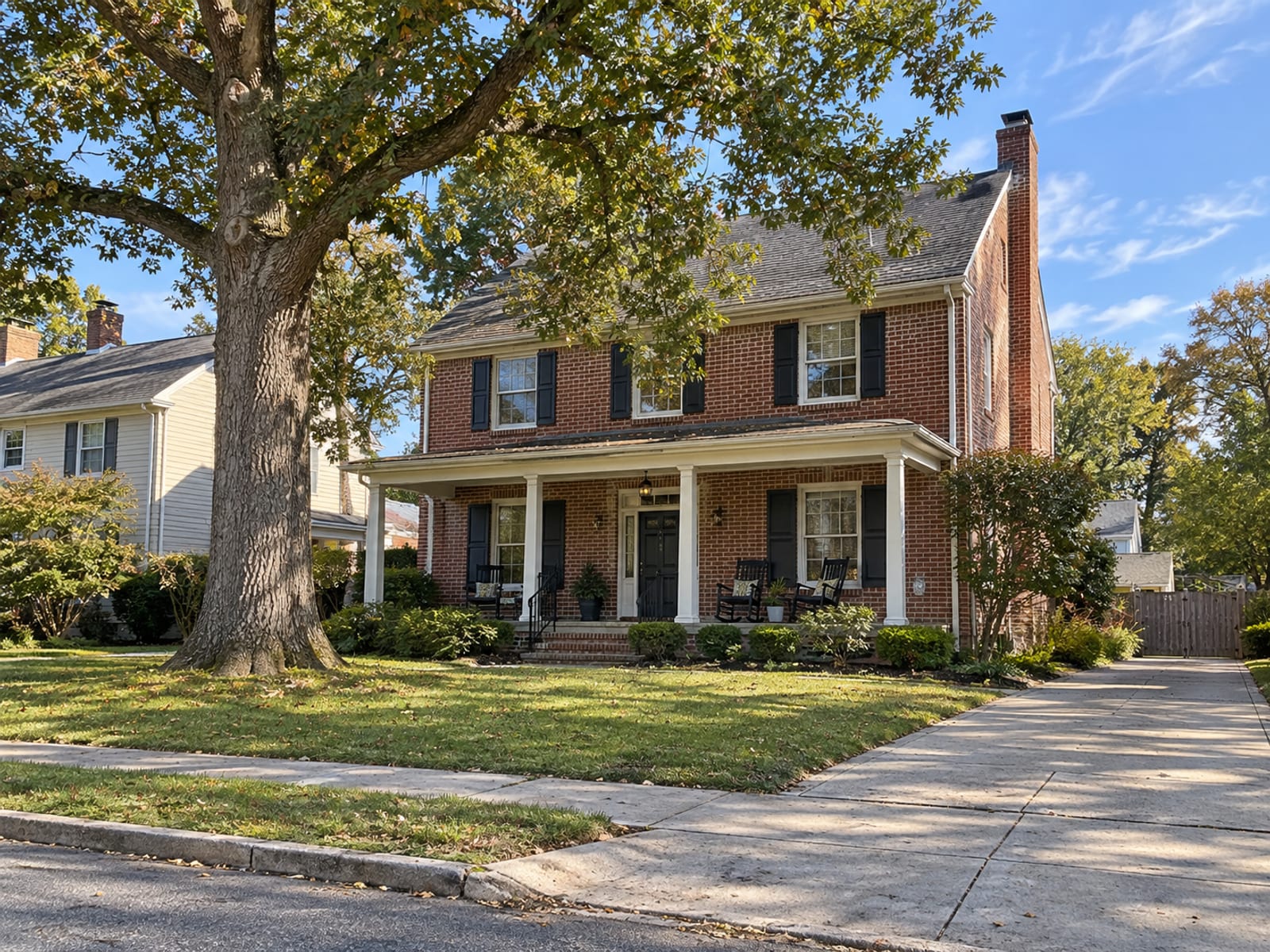 A two-story brick home with a front porch and a mature shade tree in the yard on a clear afternoon