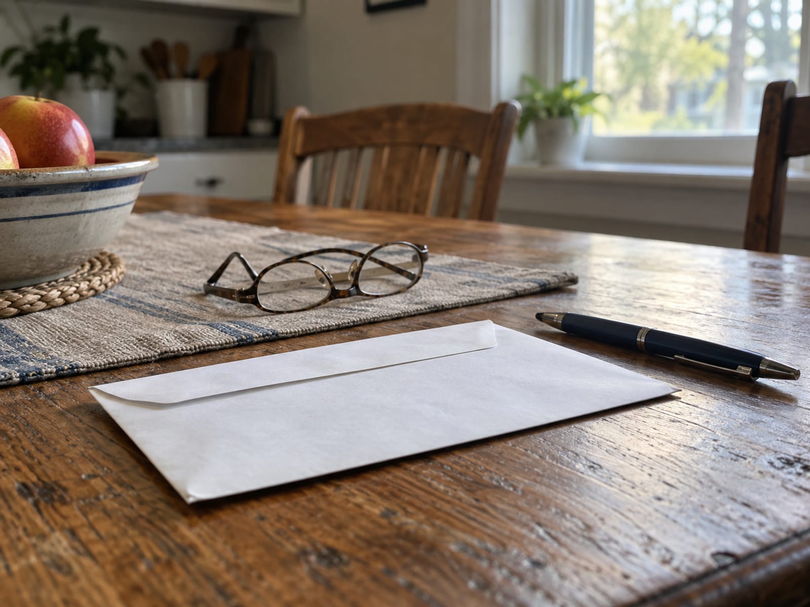 An unopened envelope, a pen and reading glasses on a wooden kitchen table