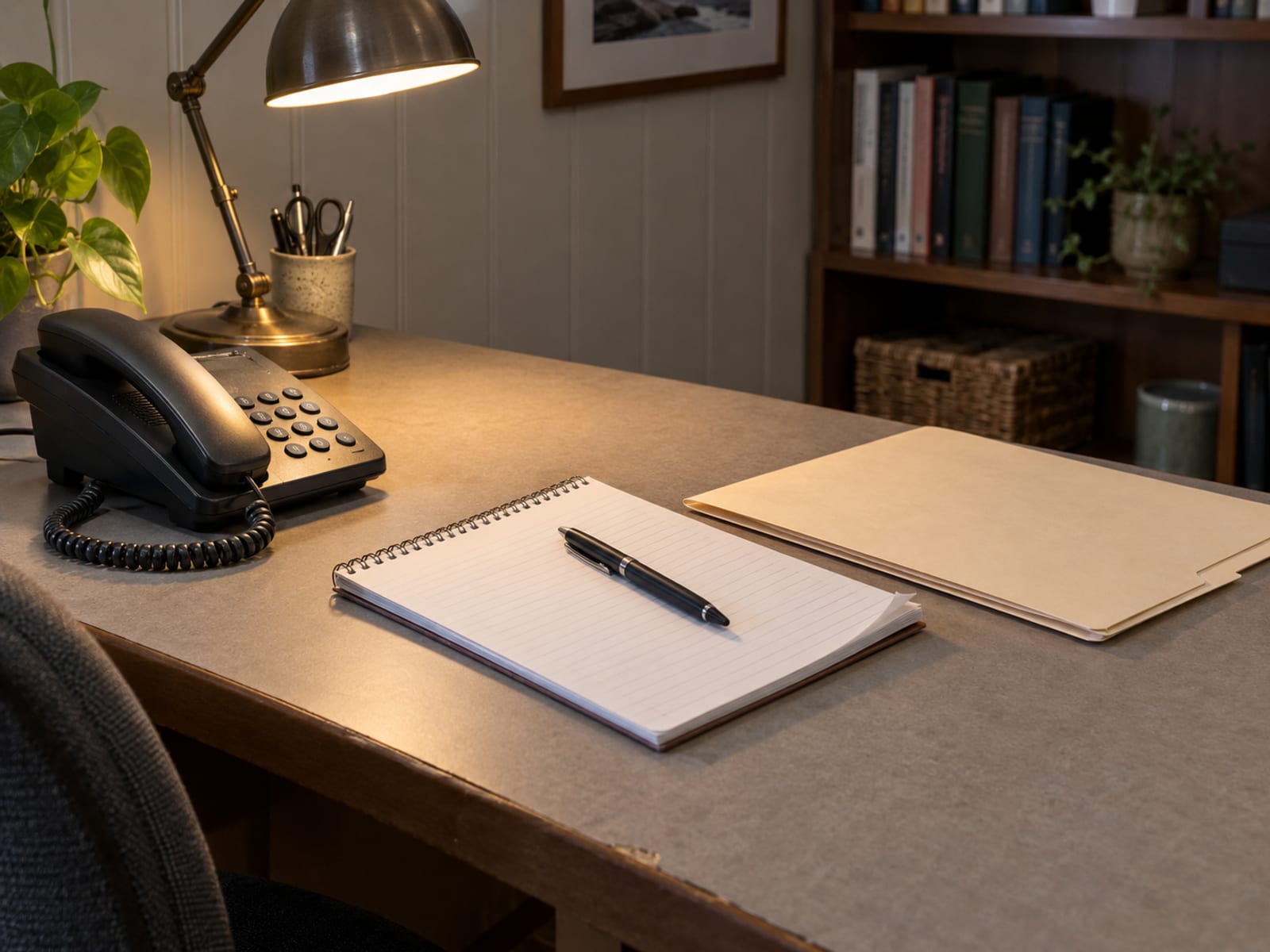 A notepad and pen beside a phone and a closed folder of blank papers on a desk