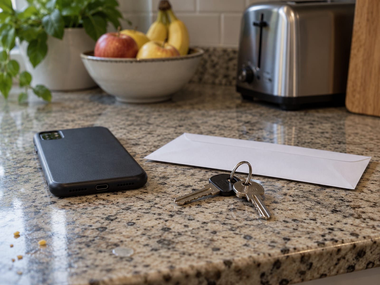 A smartphone lying face down beside a set of car keys and an unopened envelope on a kitchen counter