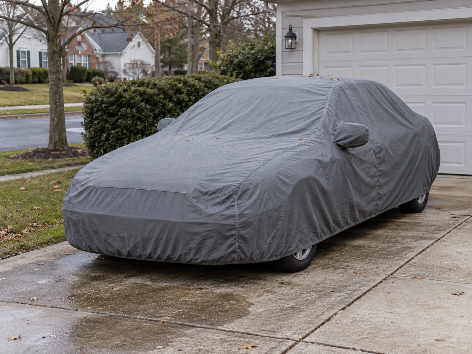 A sedan under a fitted car cover in a quiet residential driveway beside a garage