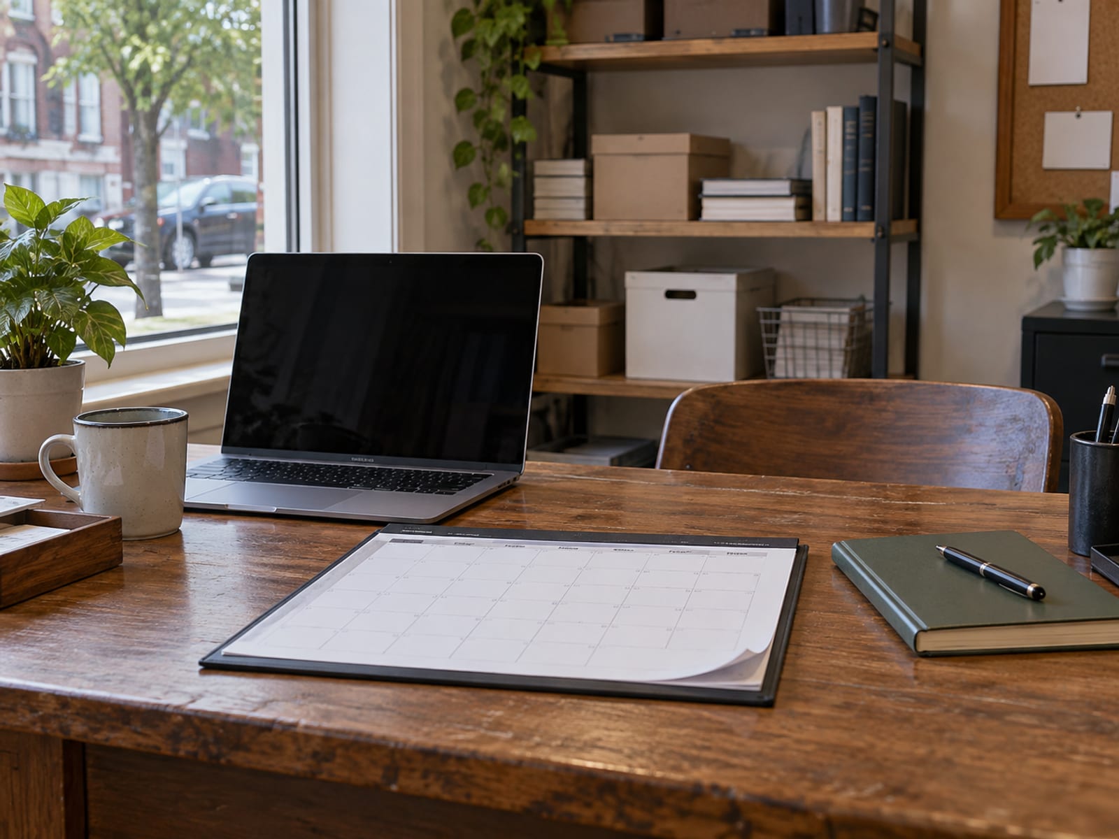 A laptop, a desk calendar with blank squares and a notebook on a small business office desk