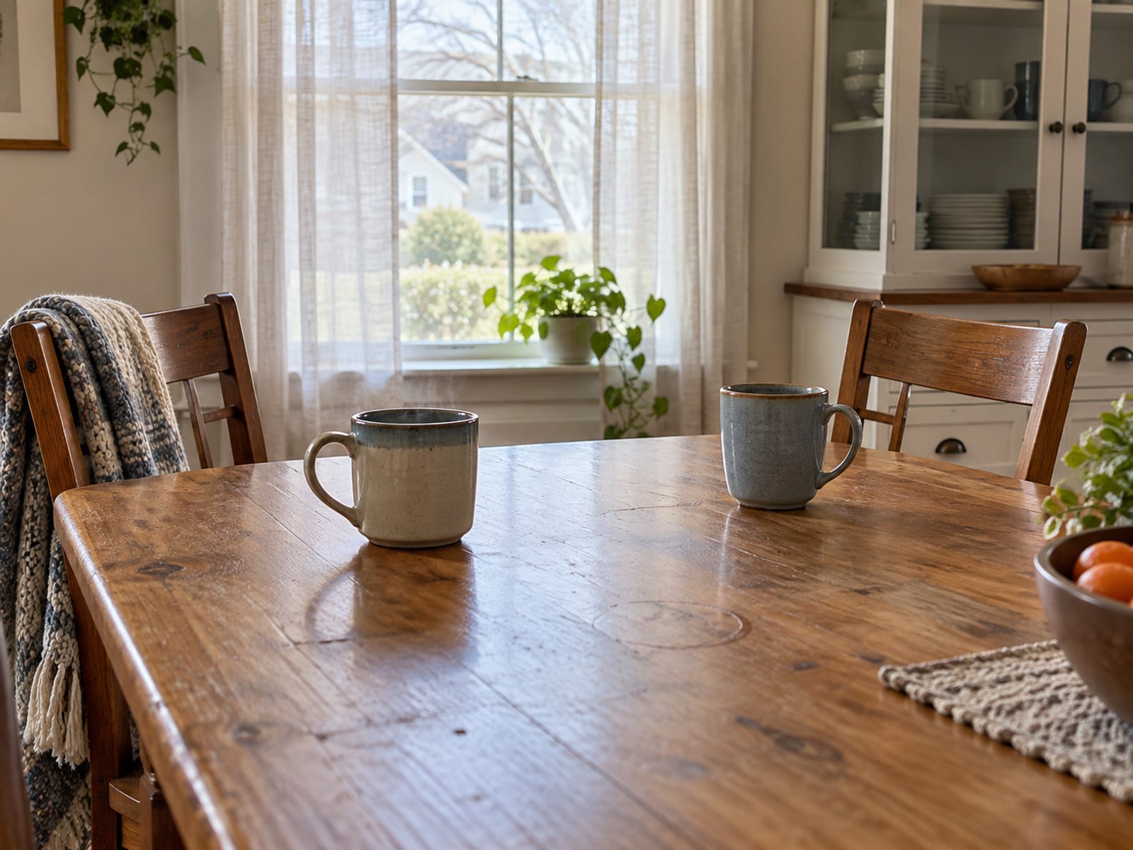 Two mugs on a kitchen table with two pulled-out chairs in soft window light