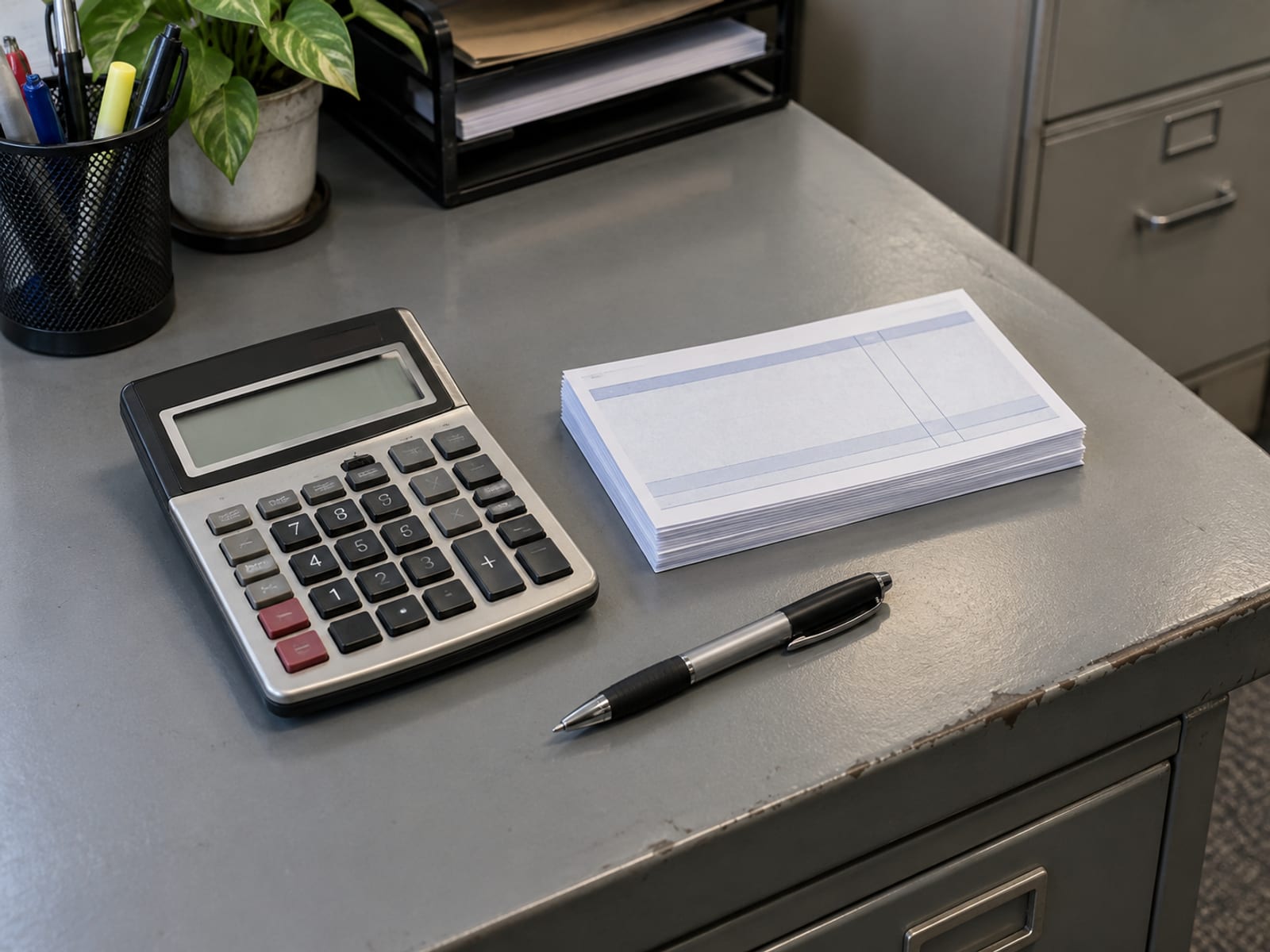 A calculator, a pen and a short stack of blank pay stubs on an office desk