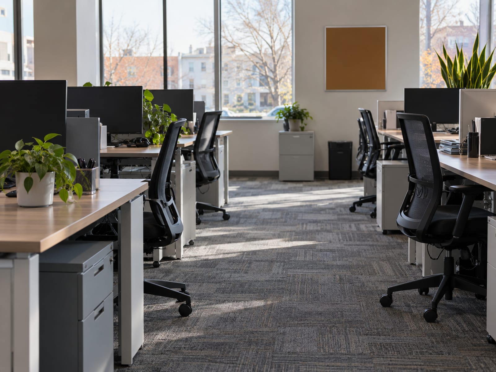 An open-plan office with empty desks, chairs and dark monitors in afternoon light