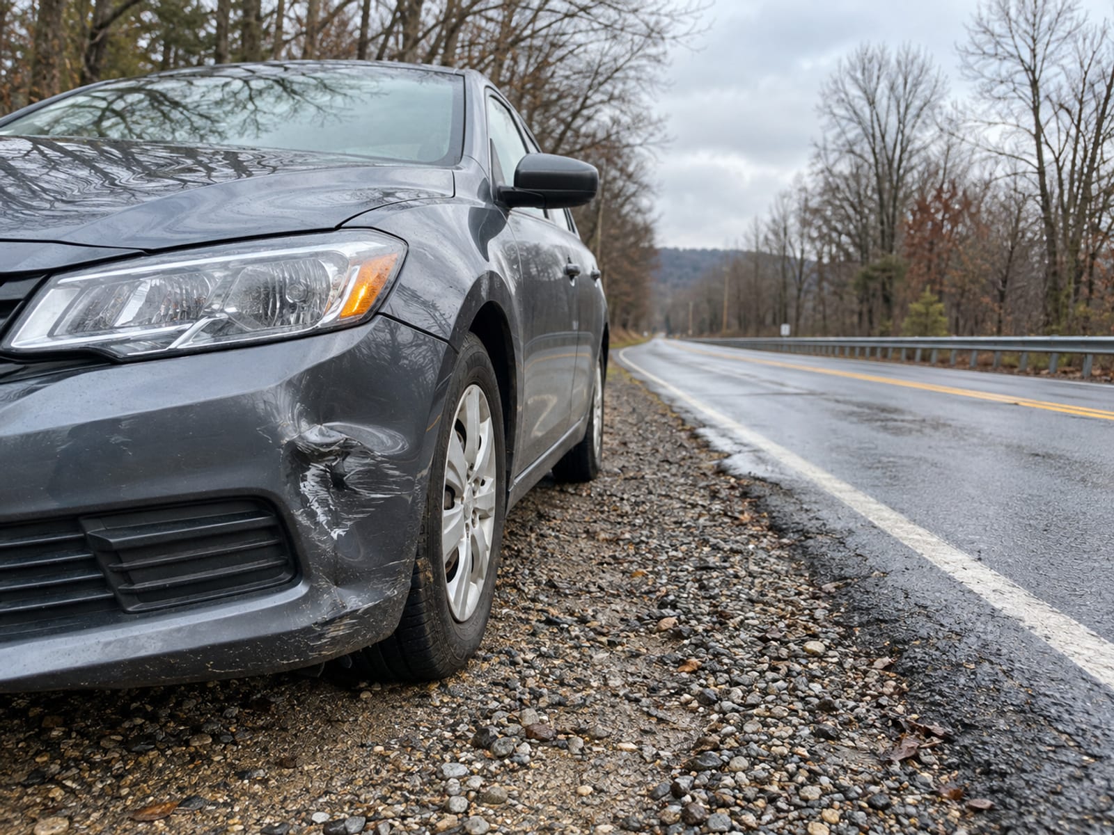 A sedan with a dented front bumper parked on a road shoulder on a gray afternoon
