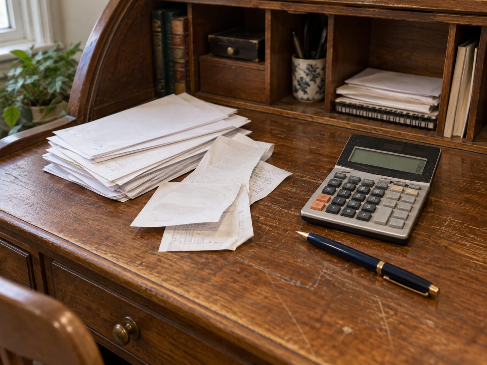 A neat stack of blank bills and receipts beside a calculator and a pen on a desk