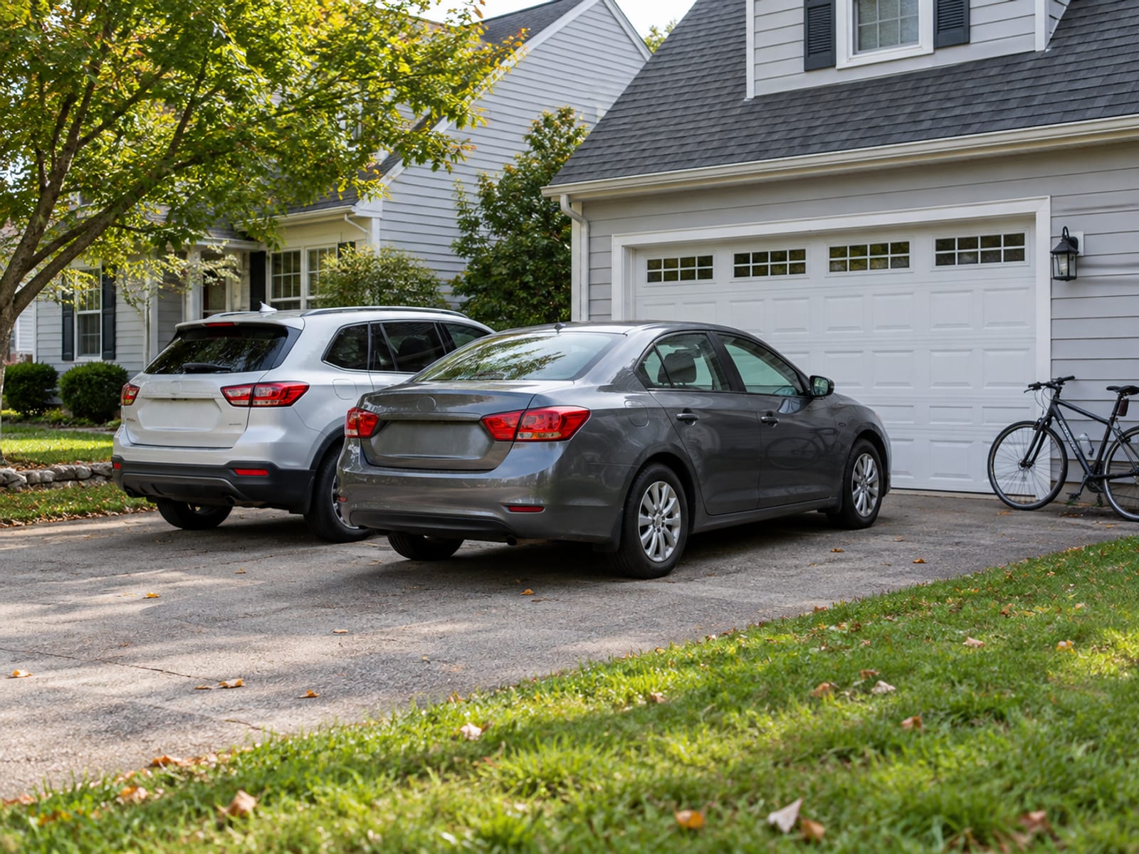 Two cars parked in the driveway of a suburban home with a bicycle leaning against the garage