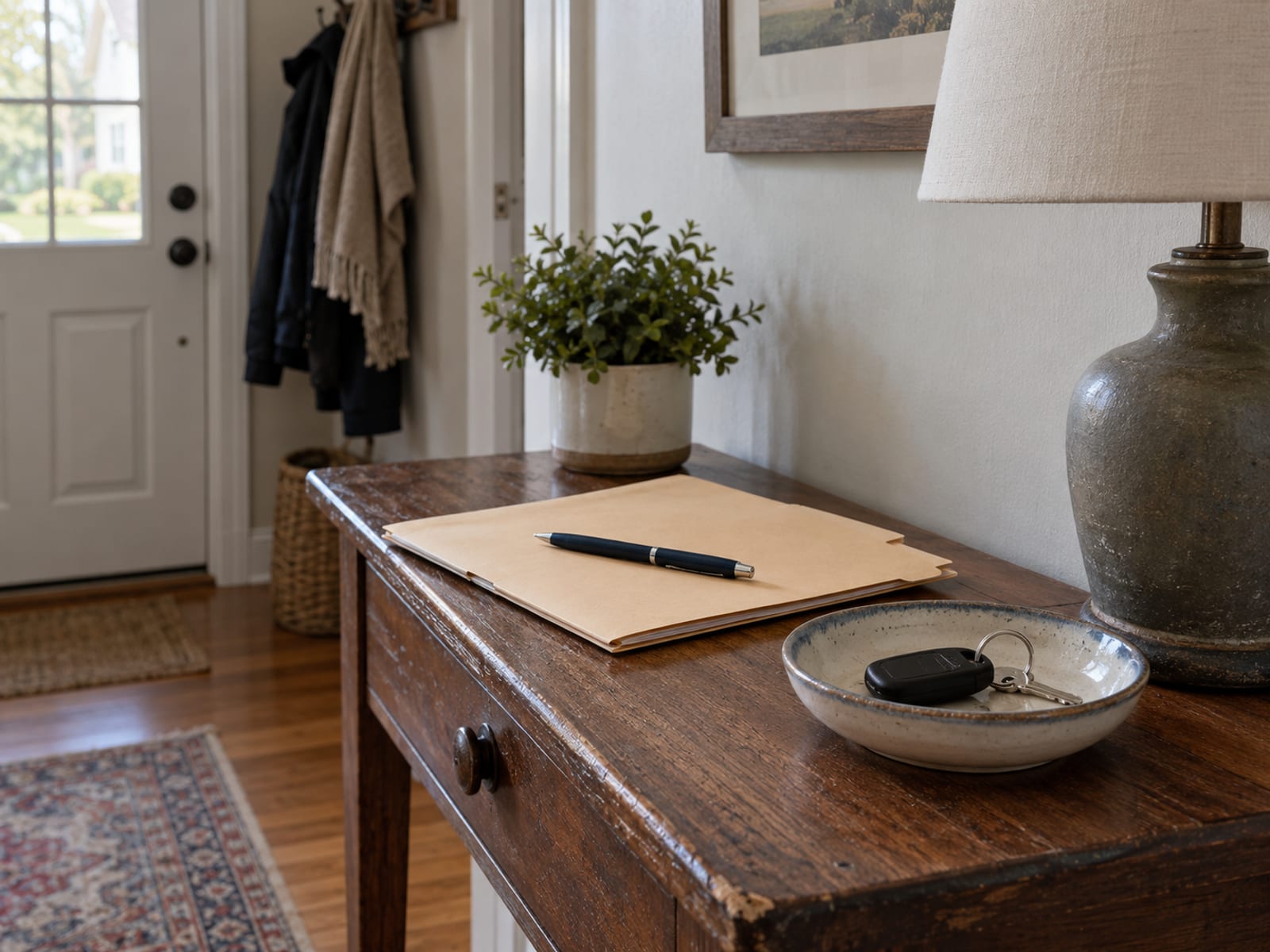 A closed folder of blank policy papers, a pen and a set of car keys on a kitchen table