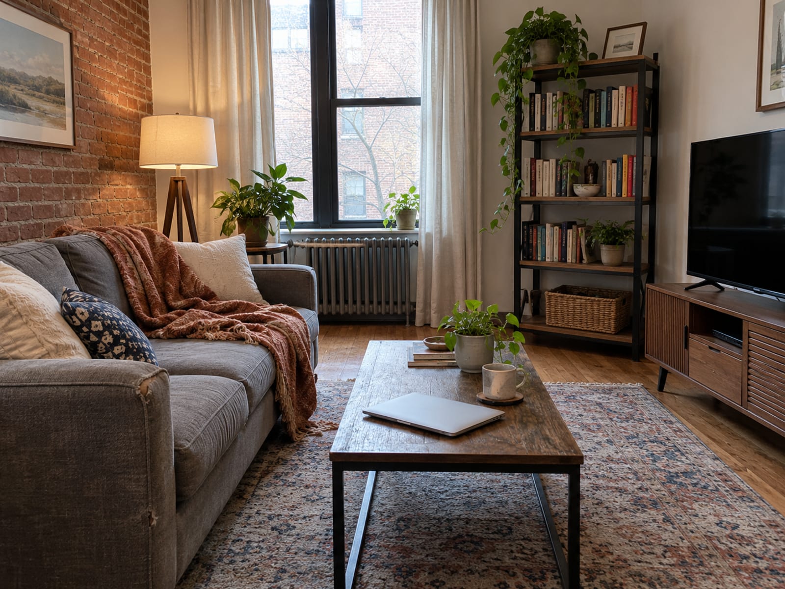 A furnished apartment living room with a sofa, a bookshelf, a laptop and a bicycle by the wall