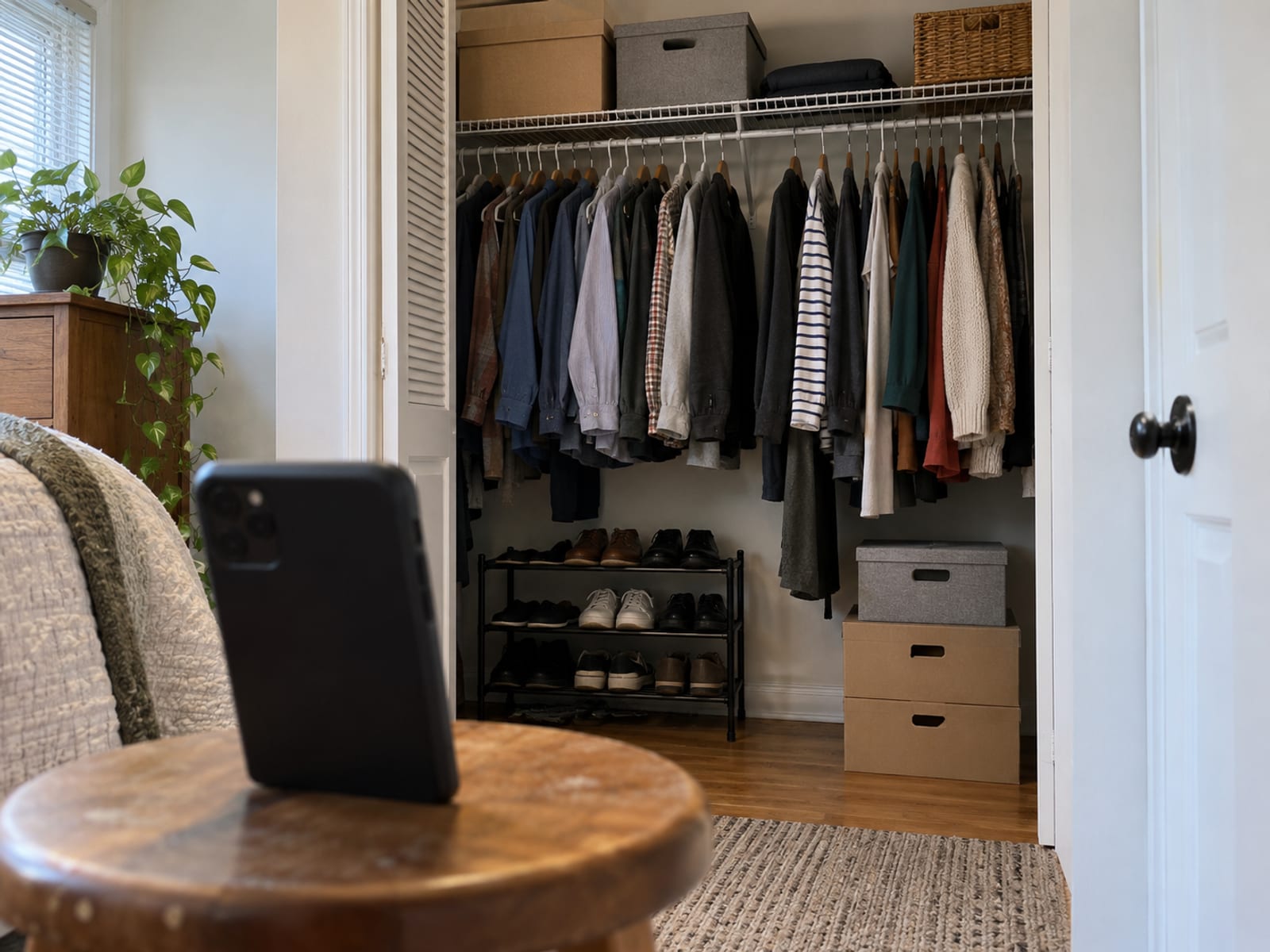 A phone propped on a stool pointing at an open closet filled with hanging clothes and boxes
