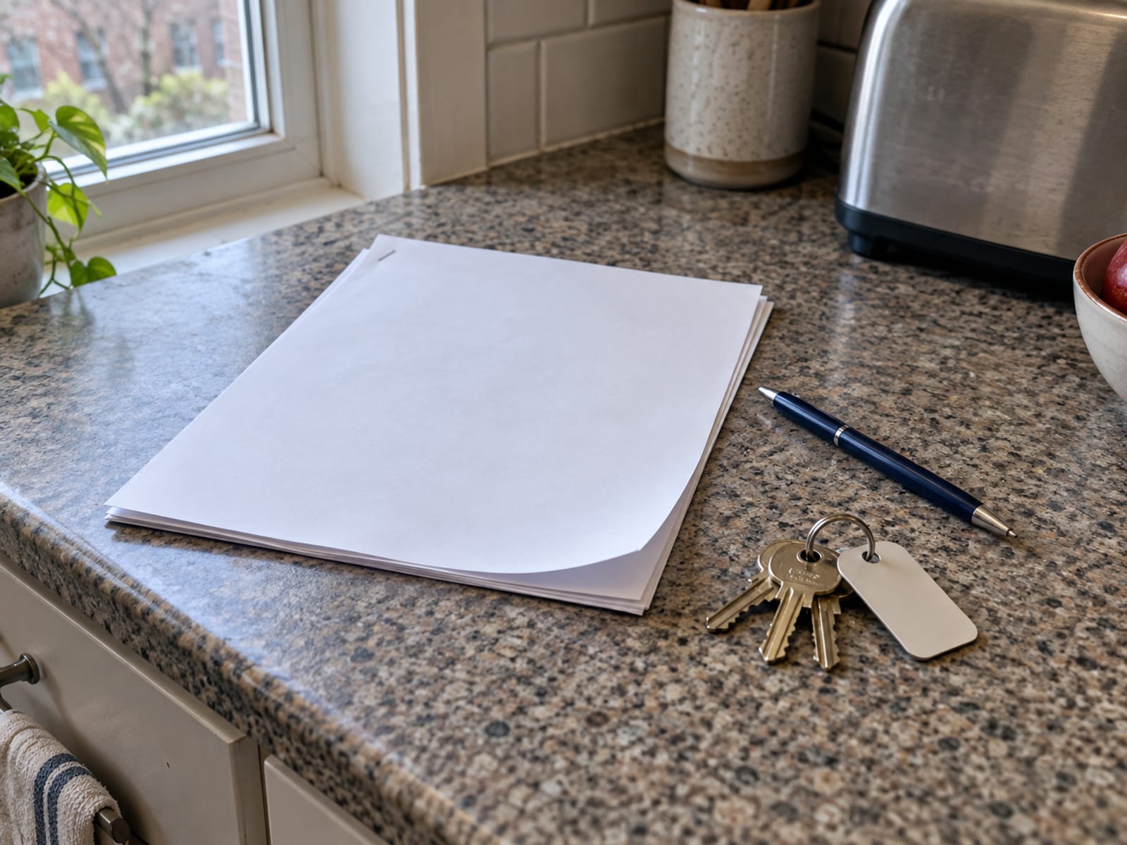 A blank lease document and a pen on a kitchen counter beside a set of apartment keys