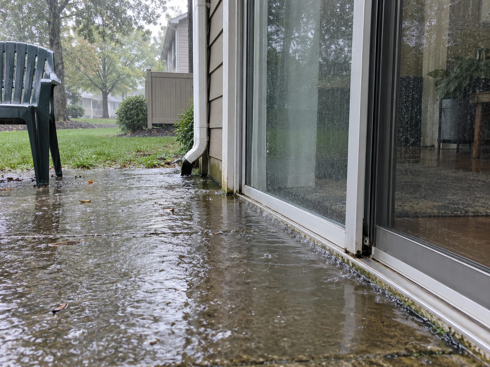 Rain pooling on a ground-floor apartment patio beside a sliding glass door during a heavy storm