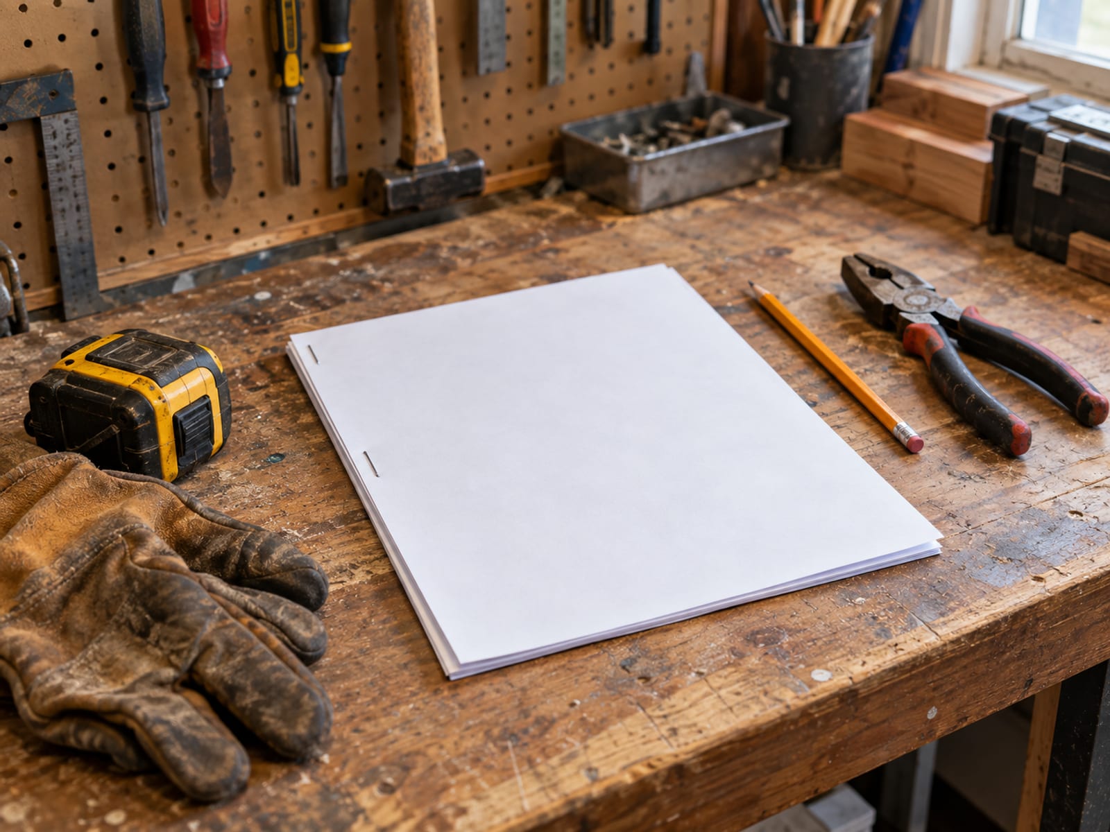 Blank stapled contract pages lying open on a wooden workbench beside pliers and a tape measure