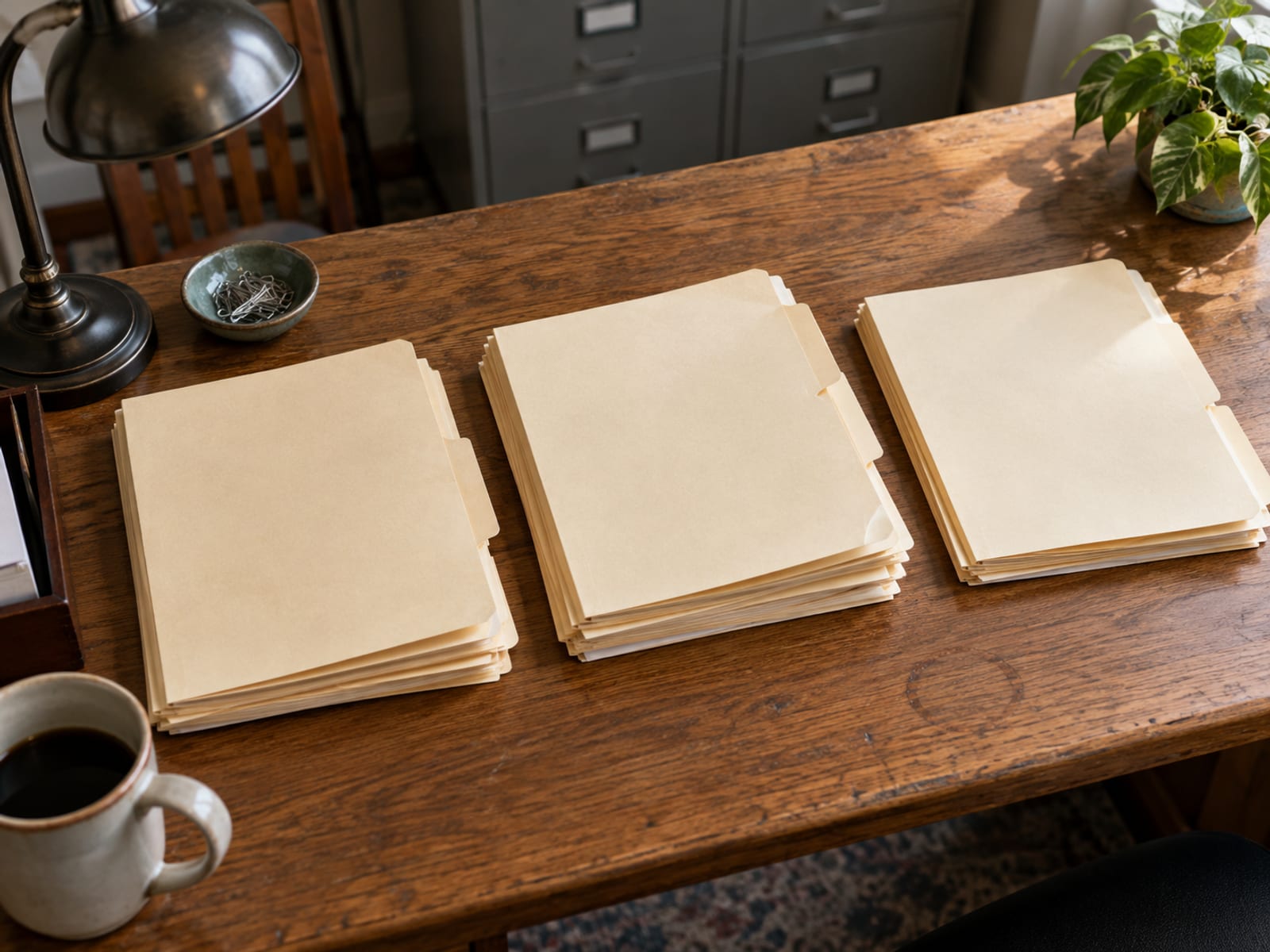 Three neat stacks of blank folders on an office desk beside a calculator and a pen