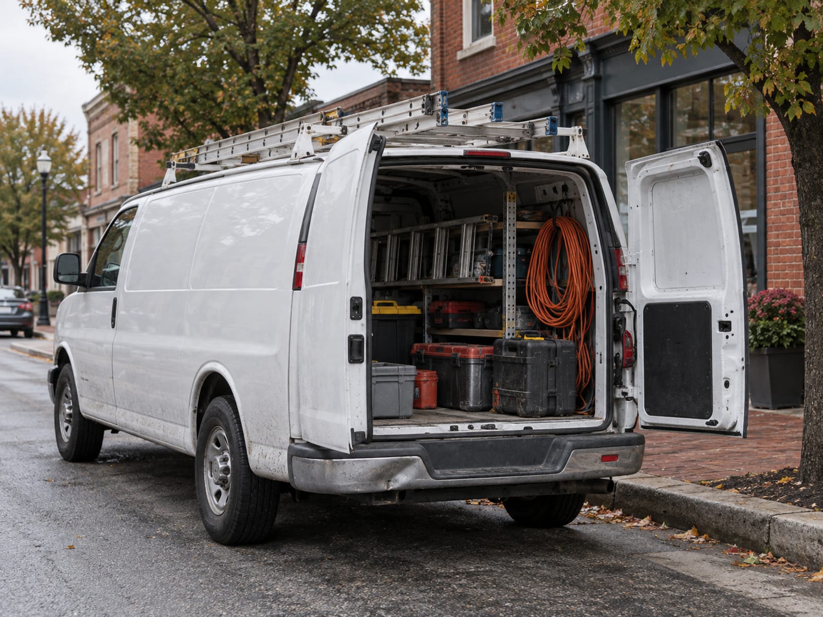 A plain white work van parked outside a small brick commercial building with tool cases visible through the rear doors