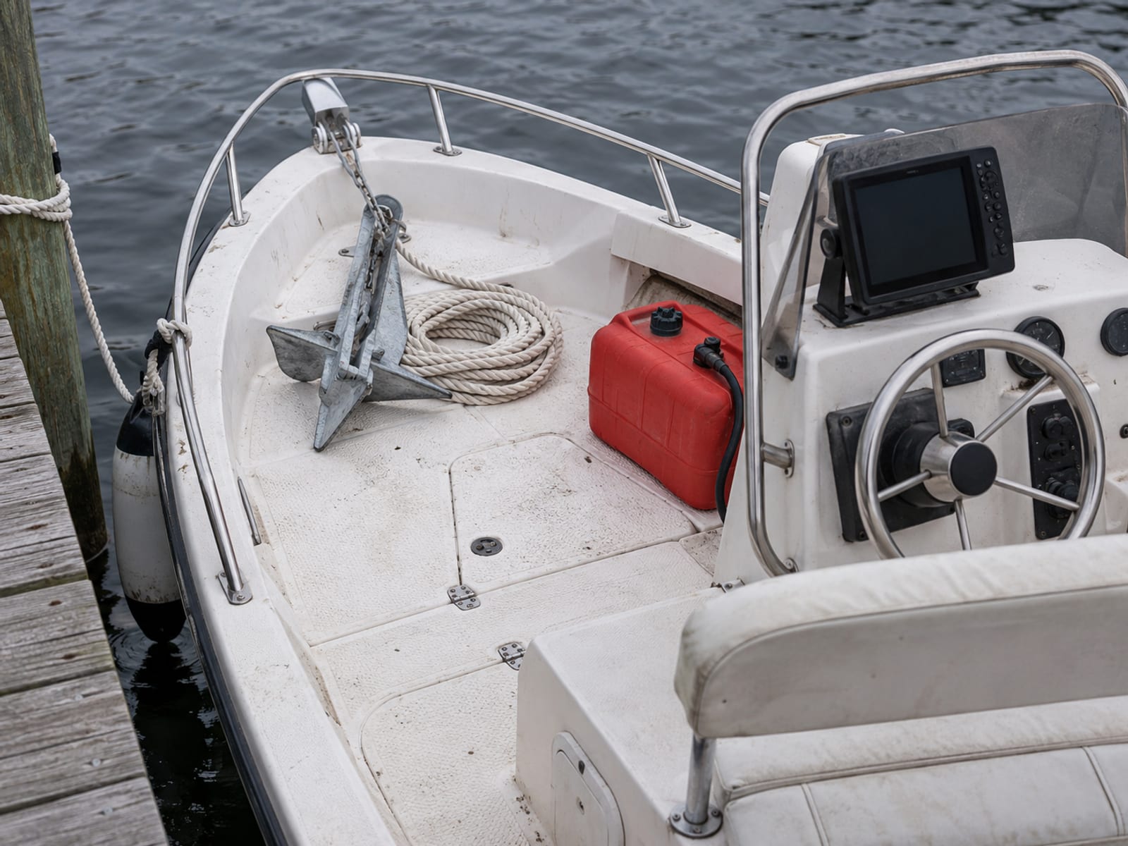 The deck of a small boat with an anchor, coiled lines, a fuel tank and a depth finder beside the helm