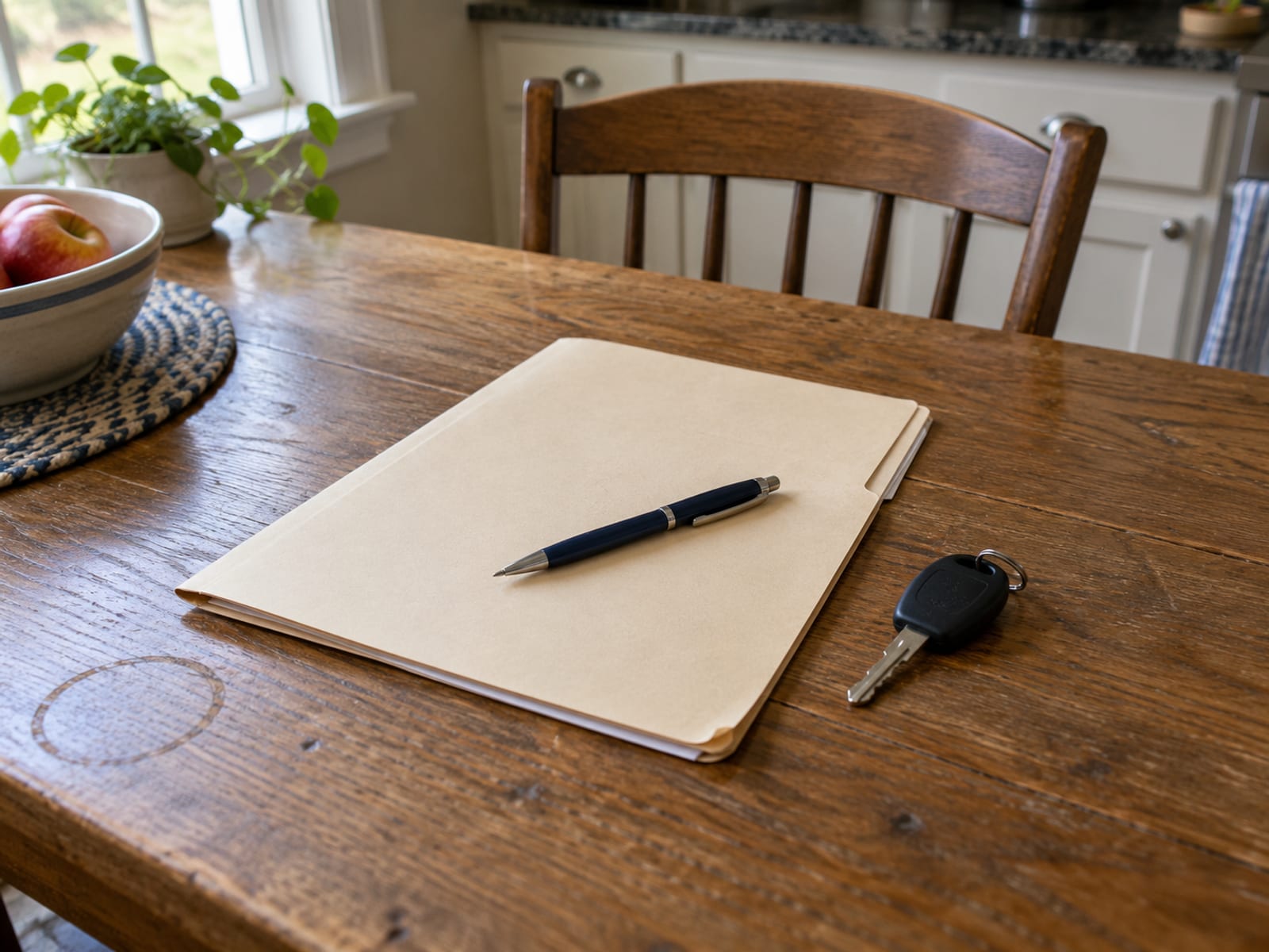 A closed folder of blank insurance papers, a pen and a car key on a kitchen table