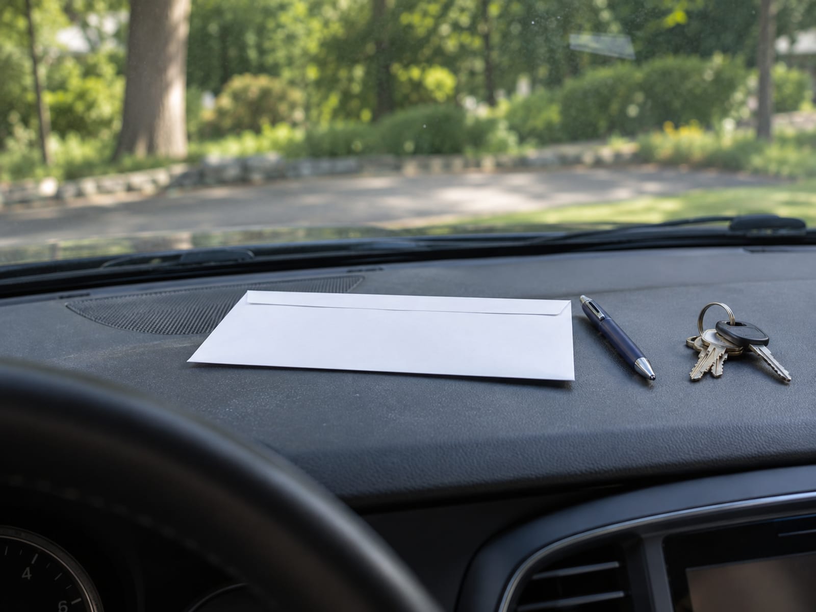 An unopened envelope and a pen resting on a car dashboard beside a set of keys