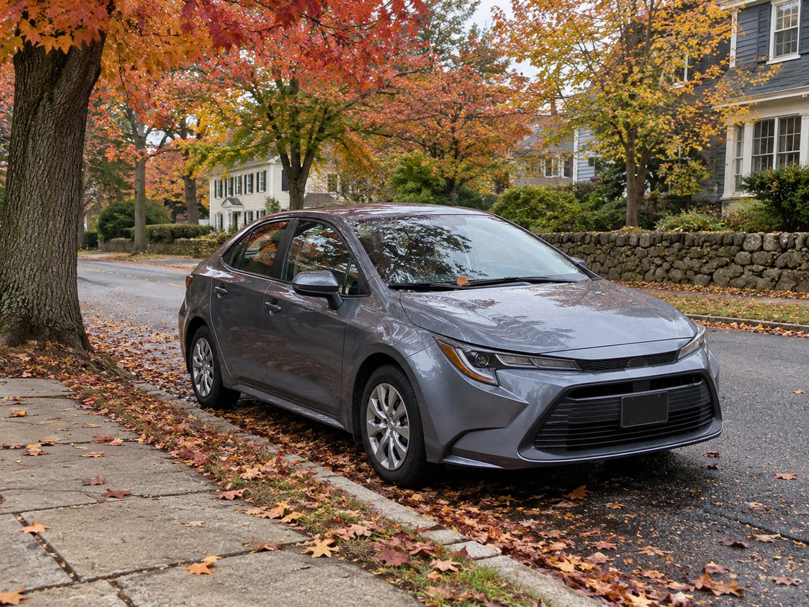 A compact sedan parked on a quiet New England street with autumn leaves on the pavement
