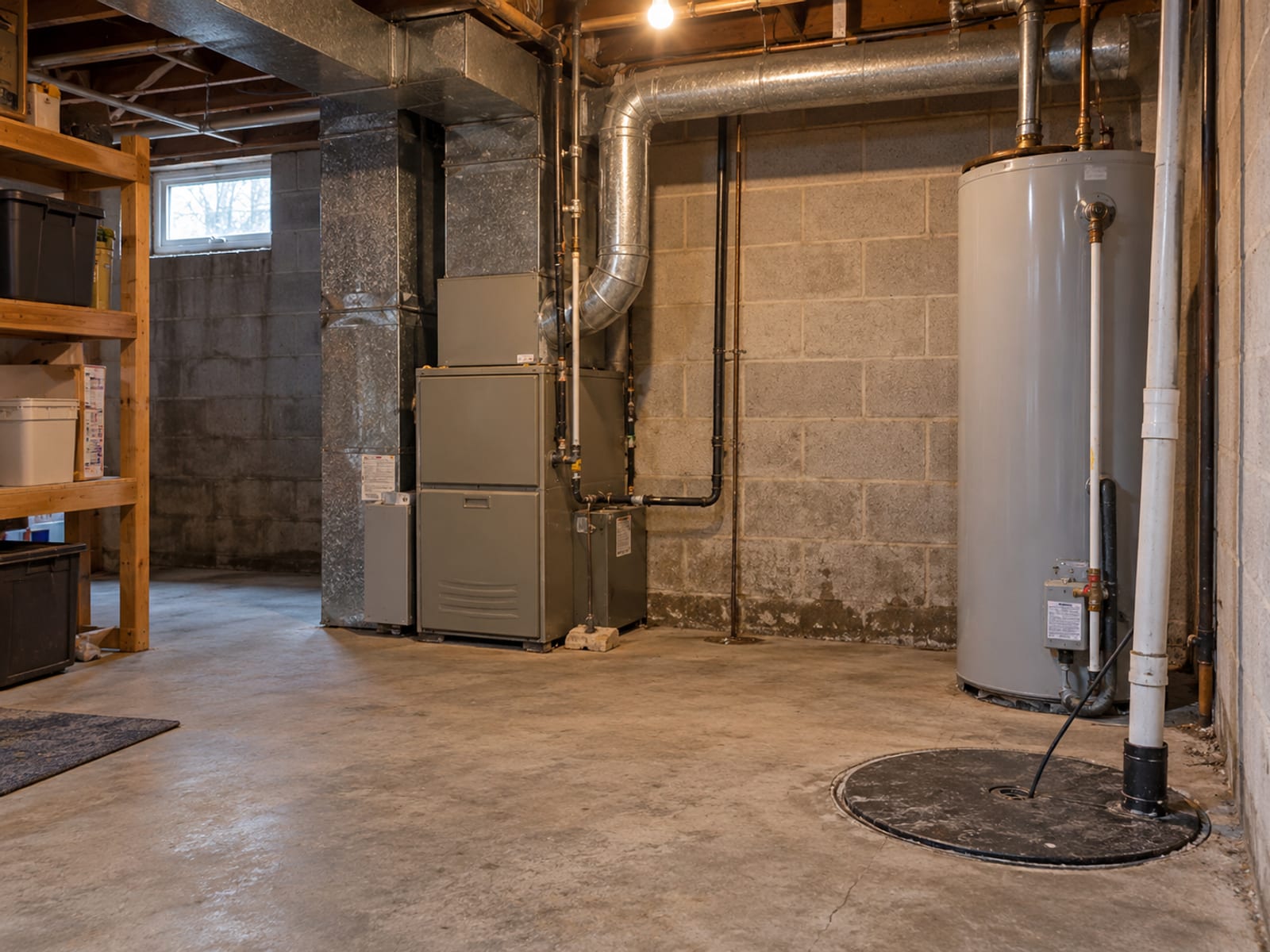 An unfinished basement with a furnace, a water heater and a sump pit on a concrete floor