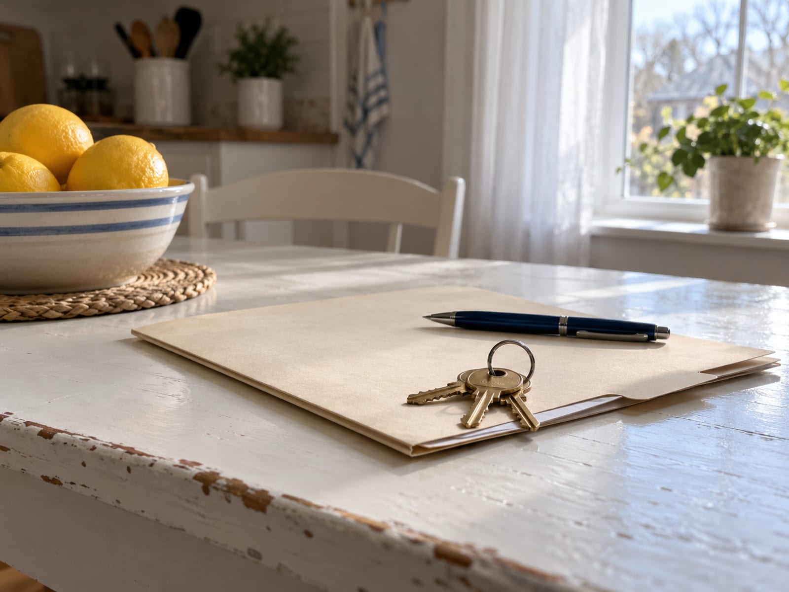A closed mortgage folder, a pen and a set of house keys on a kitchen table near a window