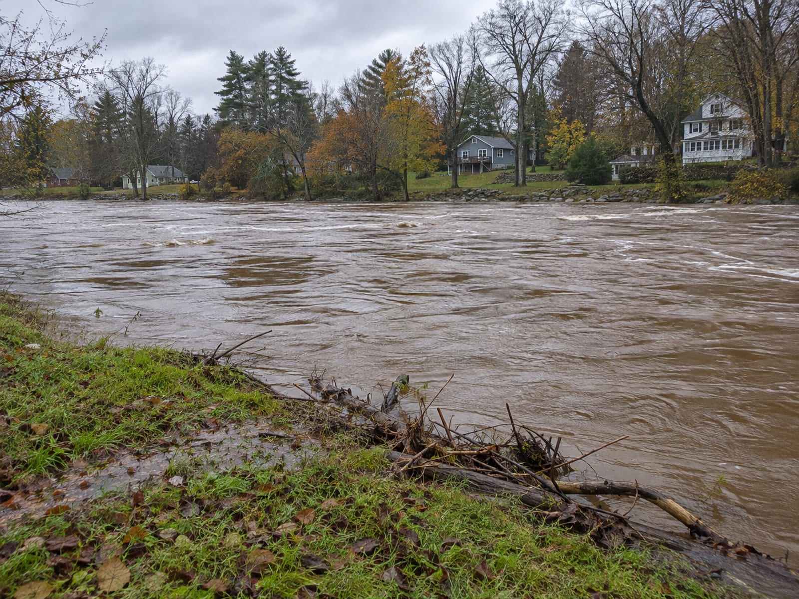 A river running high along a grassy bank beside a row of New England houses