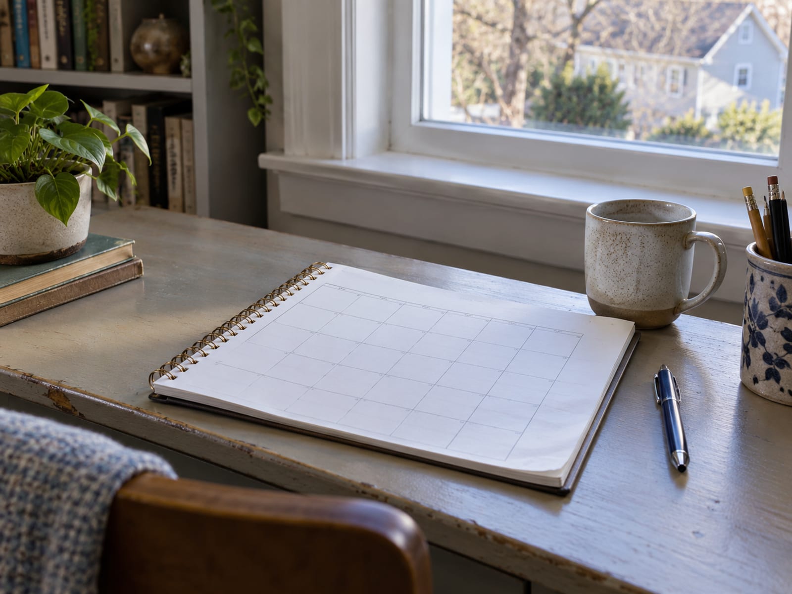 A desk with a blank monthly planner, a pen and a mug beside a window