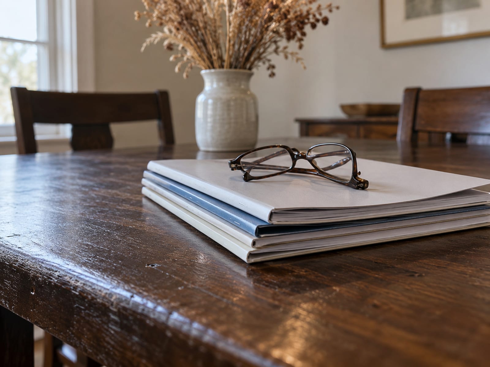 A small stack of blank plan booklets and a pair of reading glasses on a wooden table