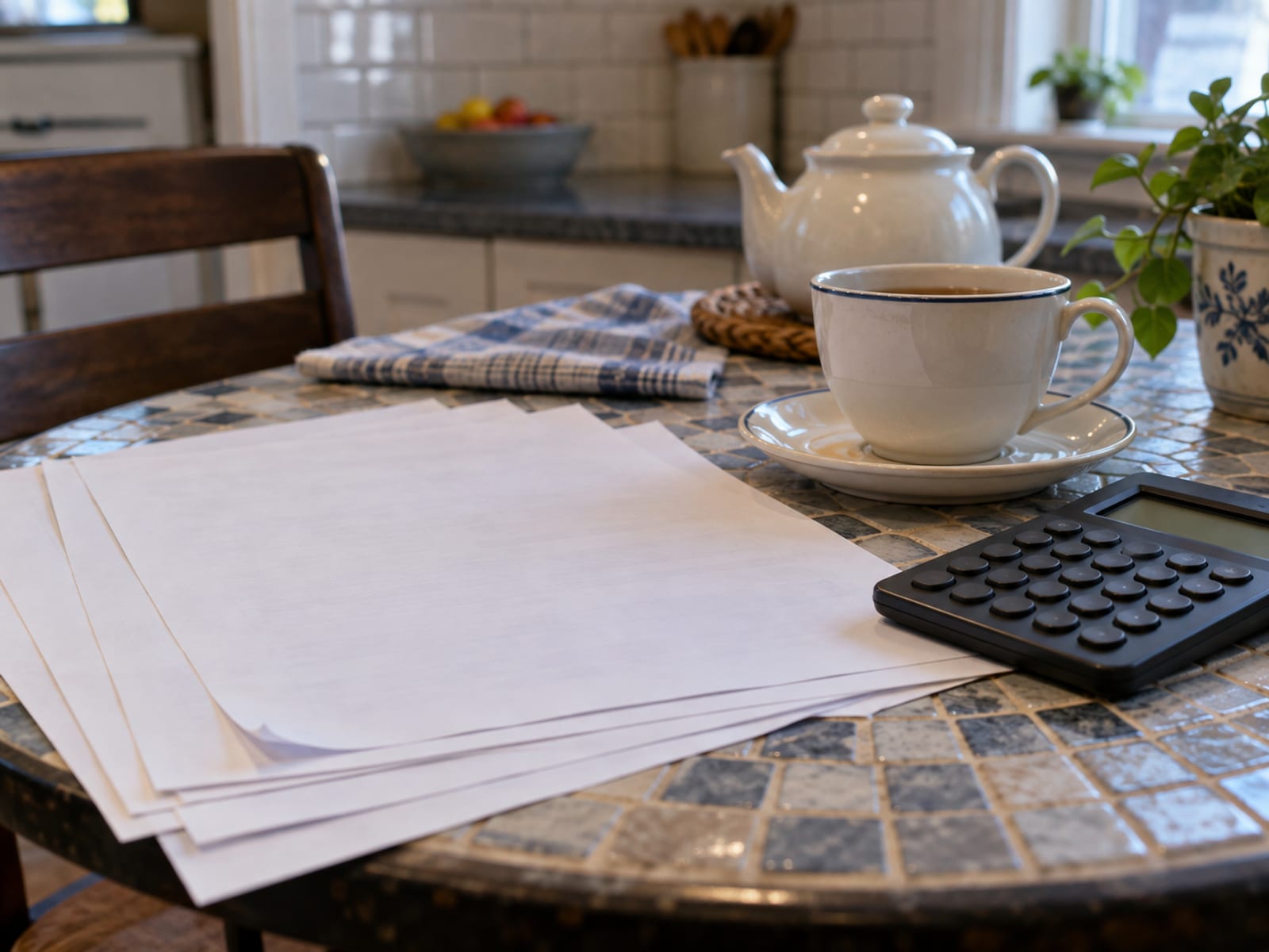 A kitchen table with blank tax forms, a calculator and a cup of tea