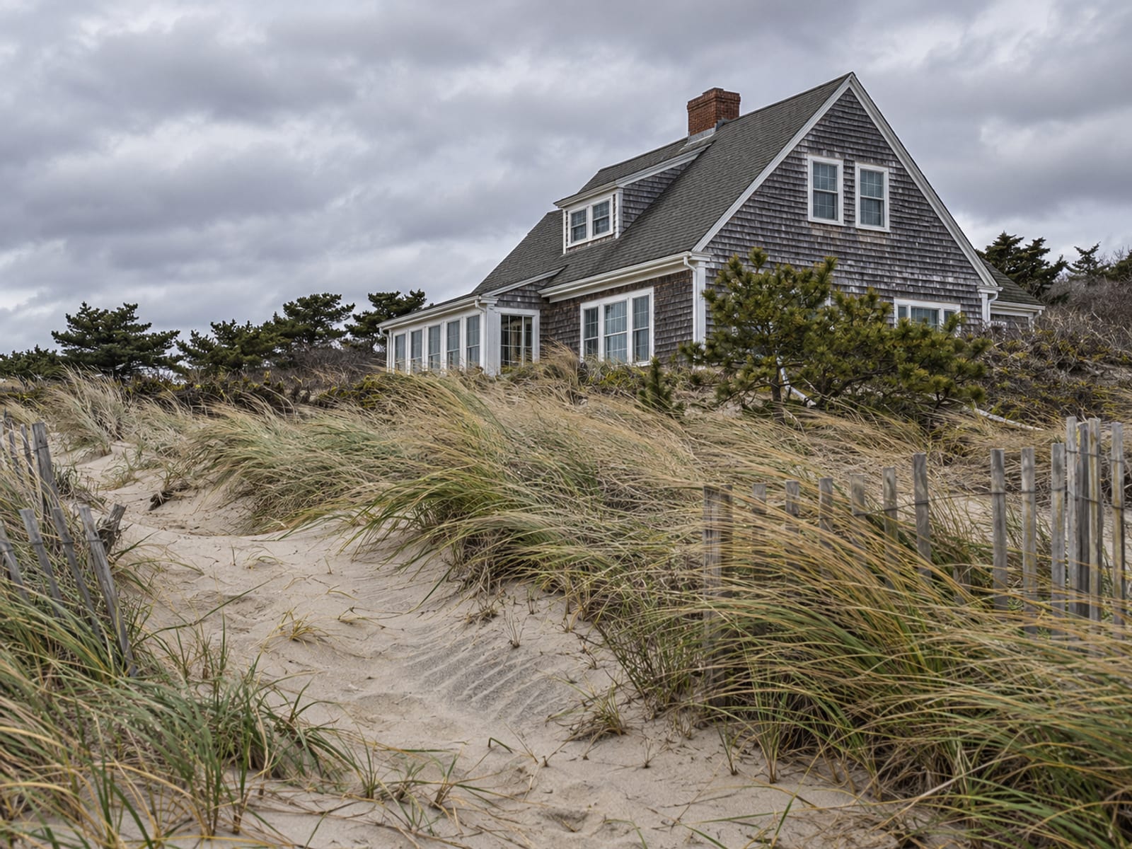 A shingled Cape Cod style house near grassy dunes under a windy gray sky