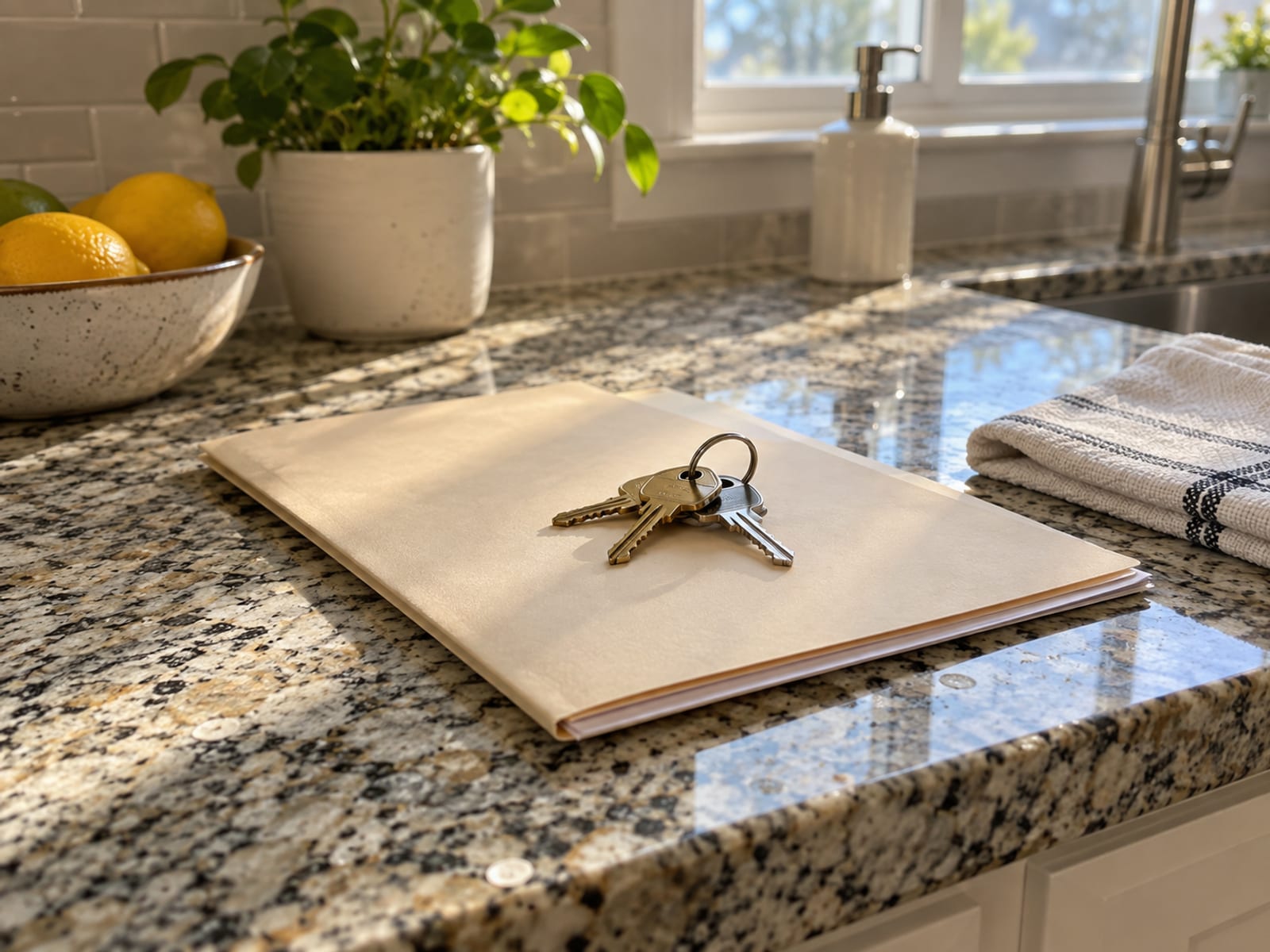 A set of house keys and a closed folder on a kitchen counter in a sunlit home