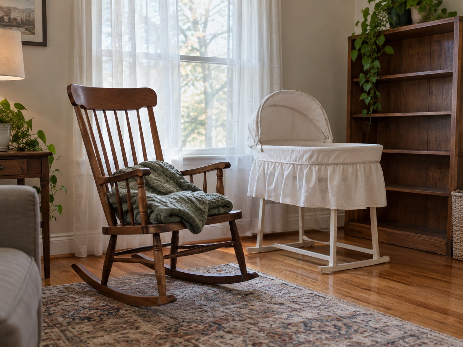 A quiet living room with a rocking chair, a folded blanket and a bassinet near a window