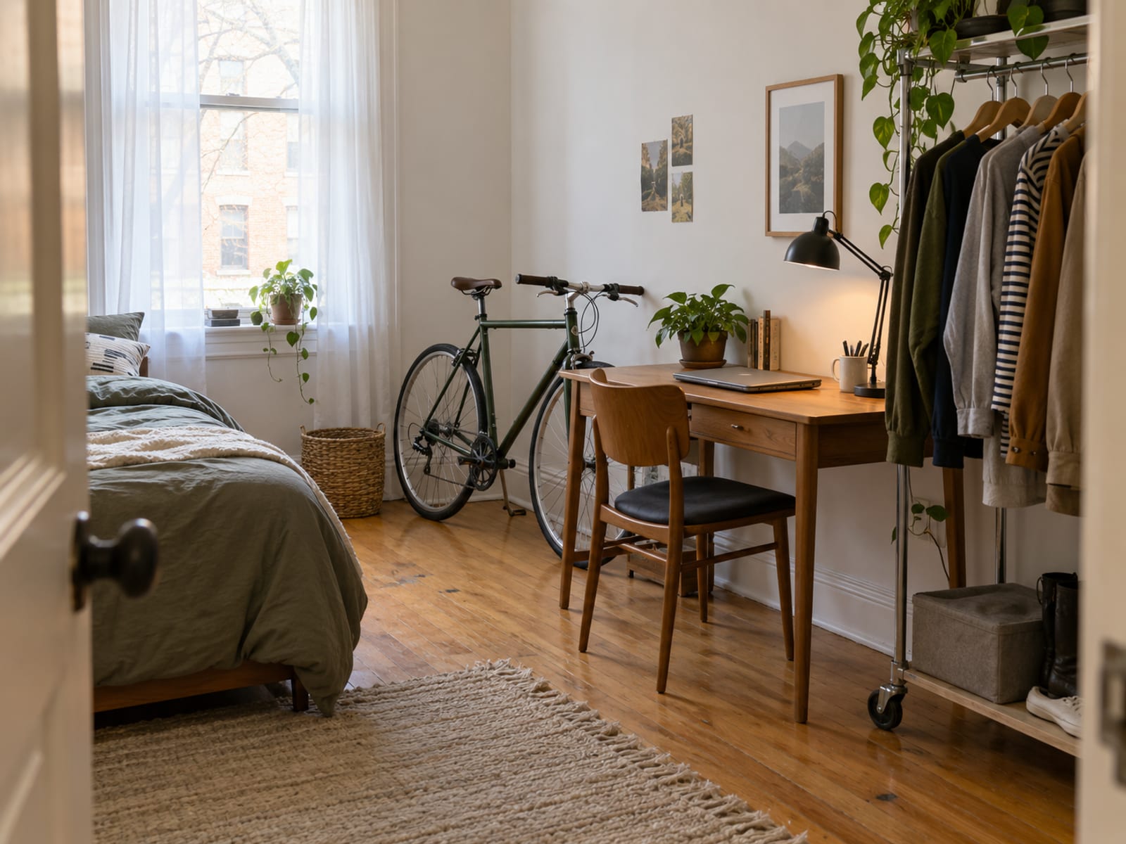 A tidy apartment bedroom with a laptop on a desk, a bicycle by the wall and clothes on a rack