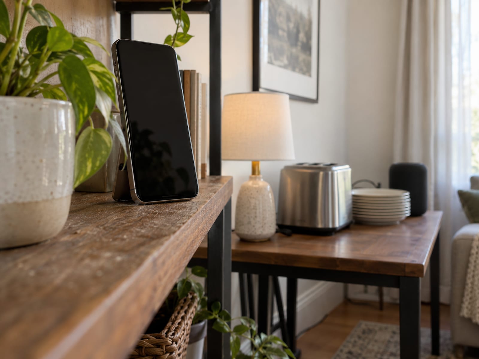 A smartphone on a shelf photographing a row of household items for a home inventory